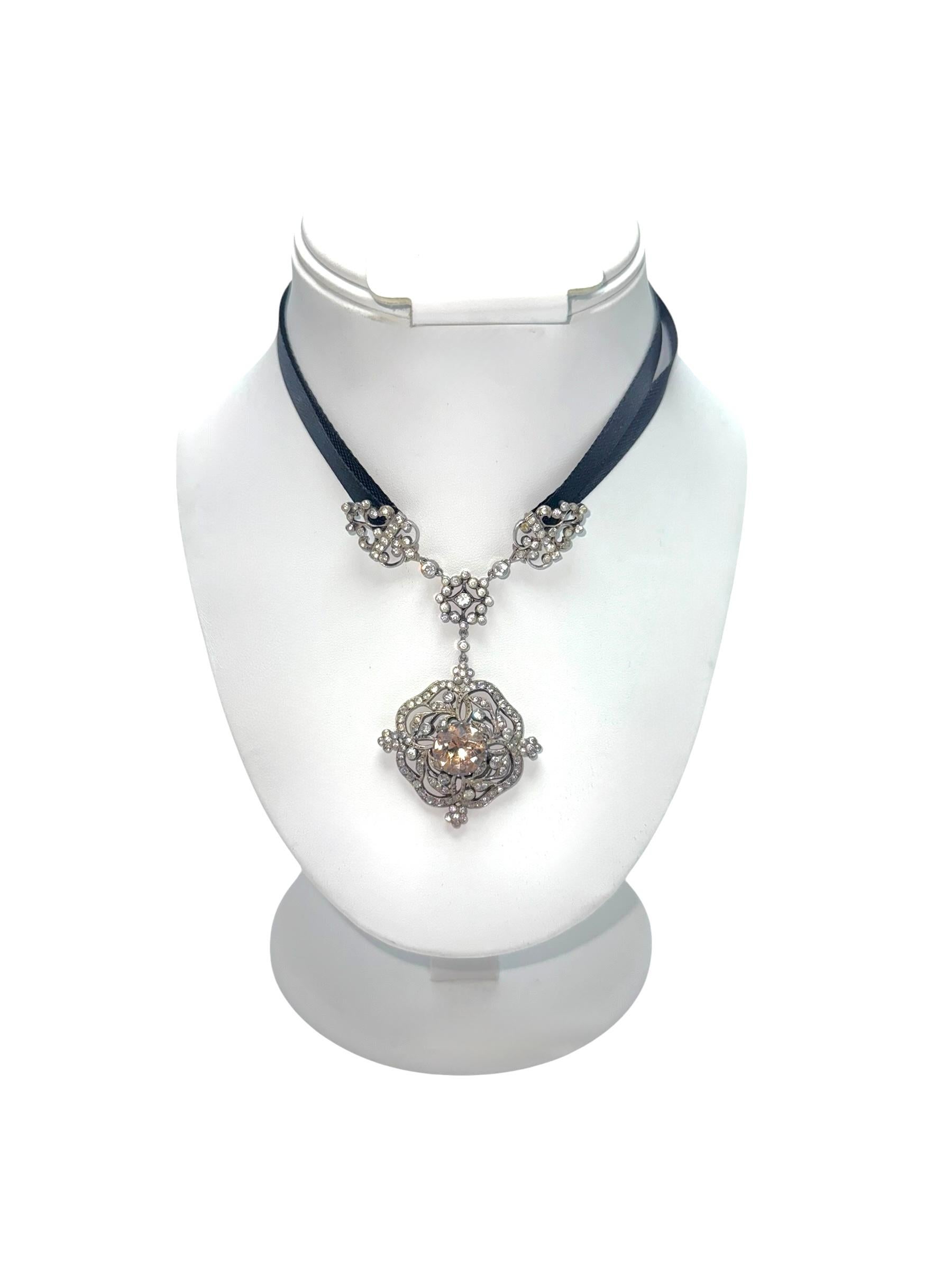 Victorian Silver Paste Pendant Necklace with Black Ribbon Choker Setting 7