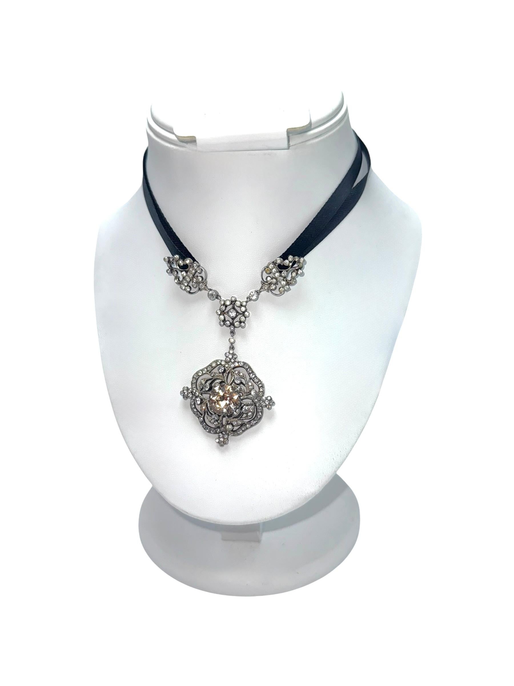 Victorian Silver Paste Pendant Necklace with Black Ribbon Choker Setting 8