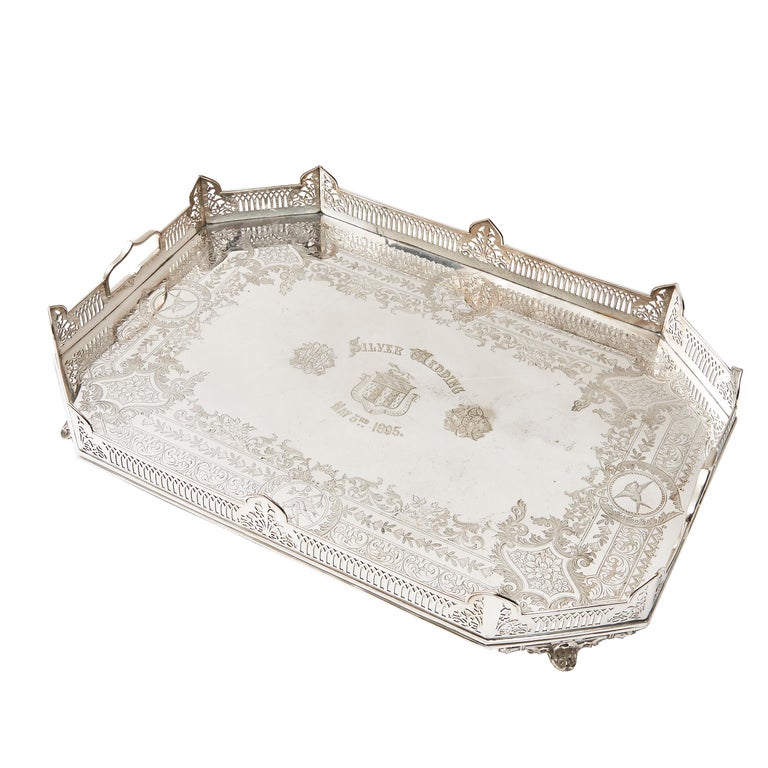 Victorian Silver Plate Canted Corner Gallery Tray with Engraved Plate