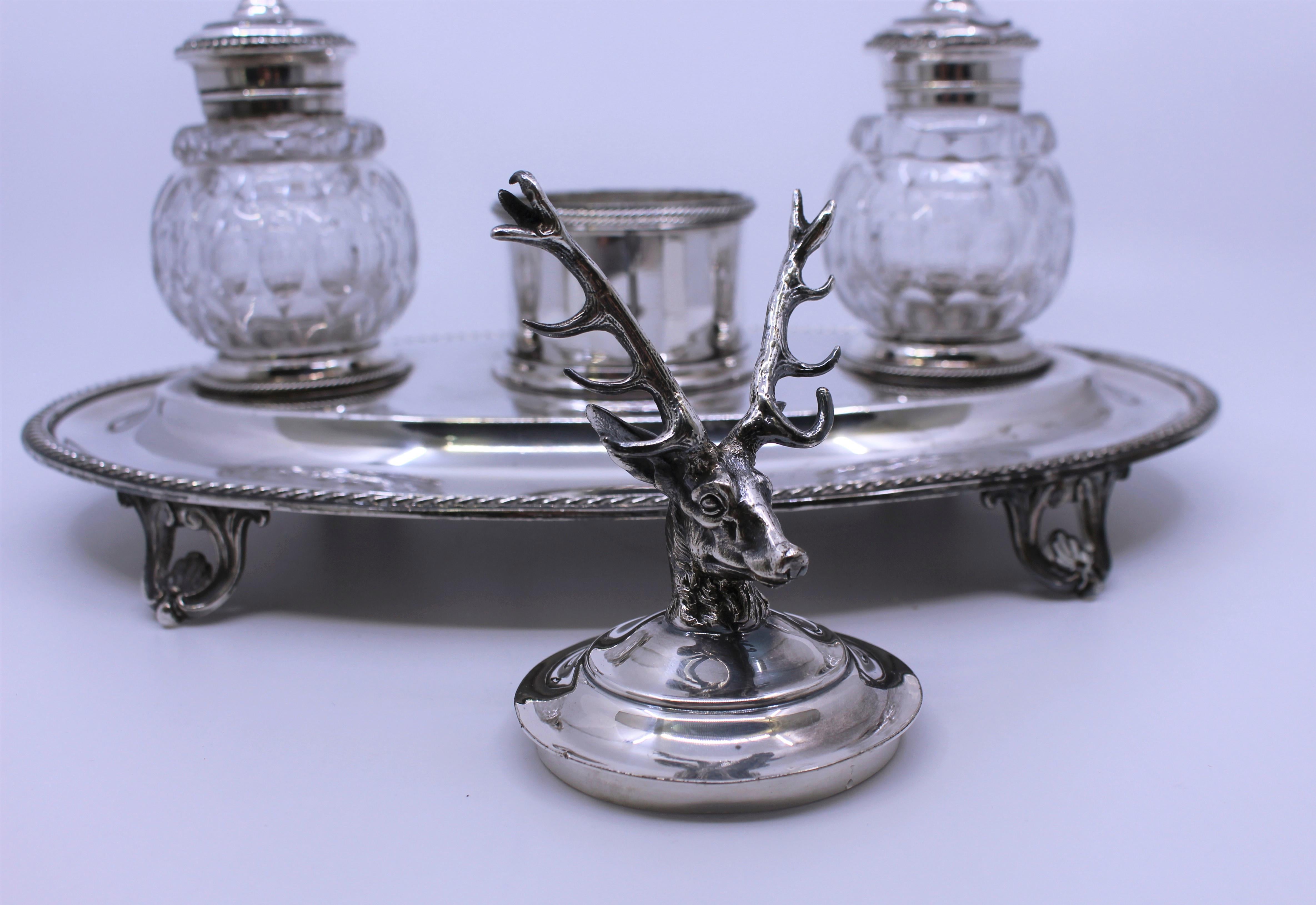 Victorian Silver Plate & Cut Glass Inkwell 8
