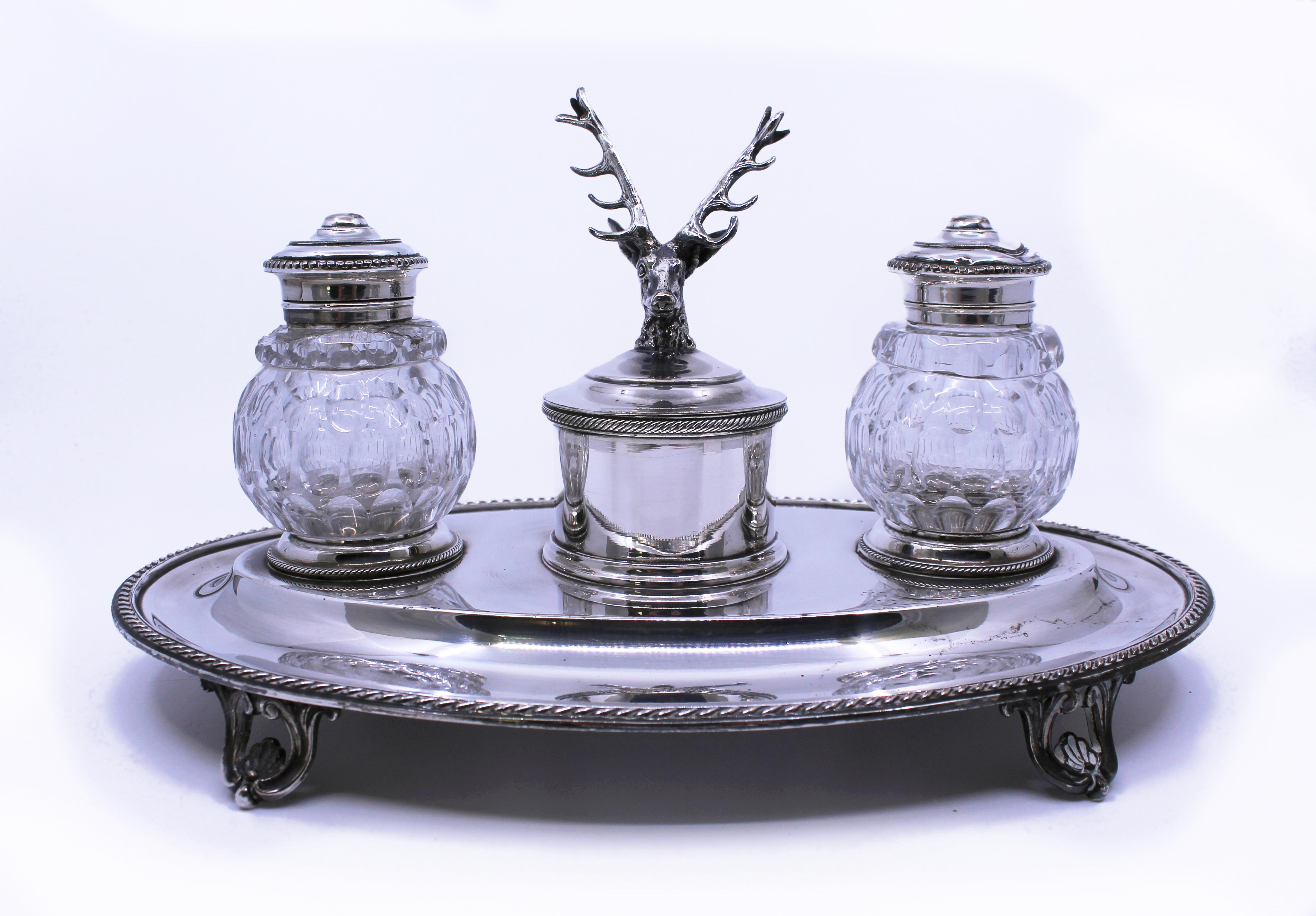 British Victorian Silver Plate & Cut Glass Inkwell For Sale