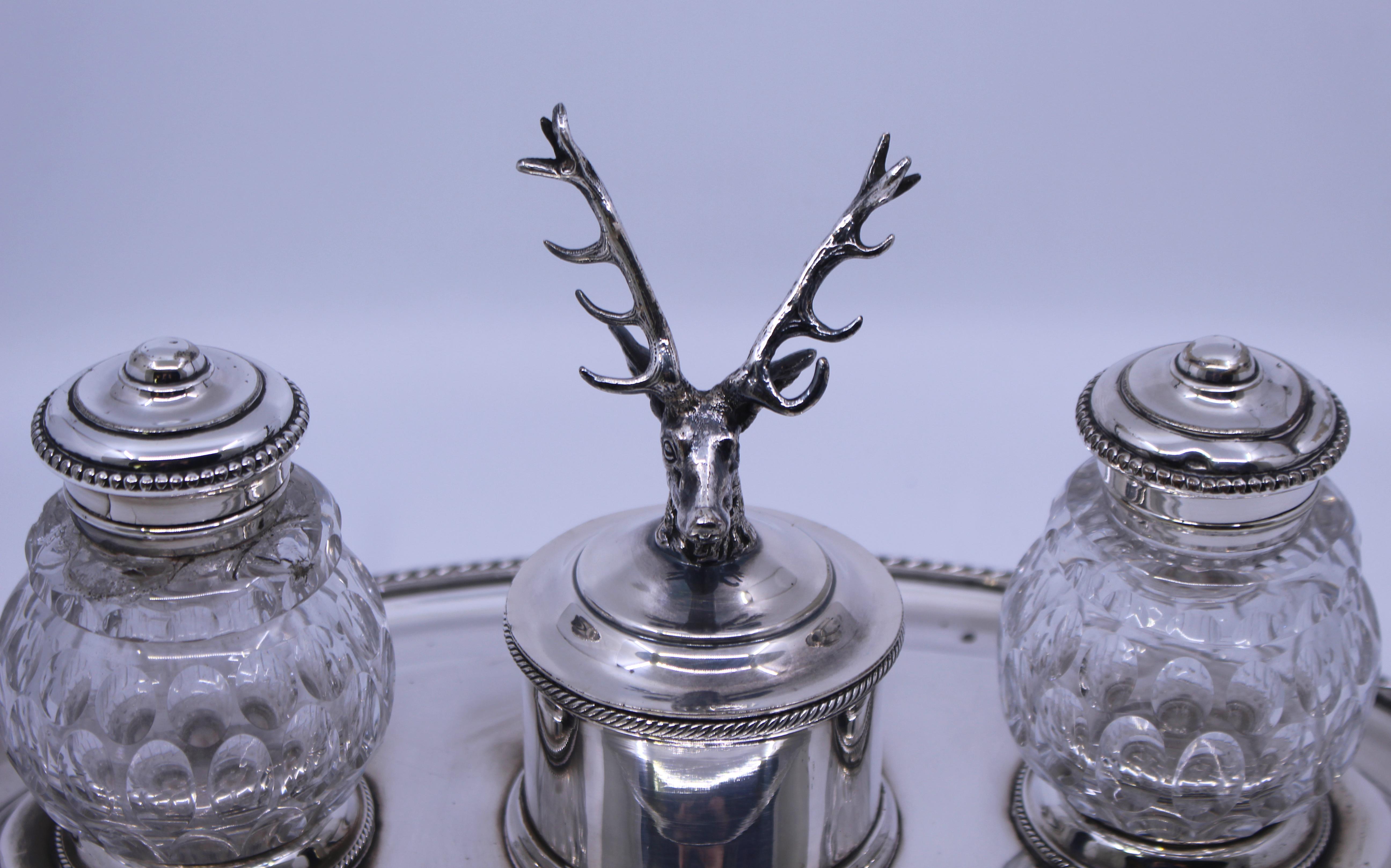 19th Century Victorian Silver Plate & Cut Glass Inkwell For Sale