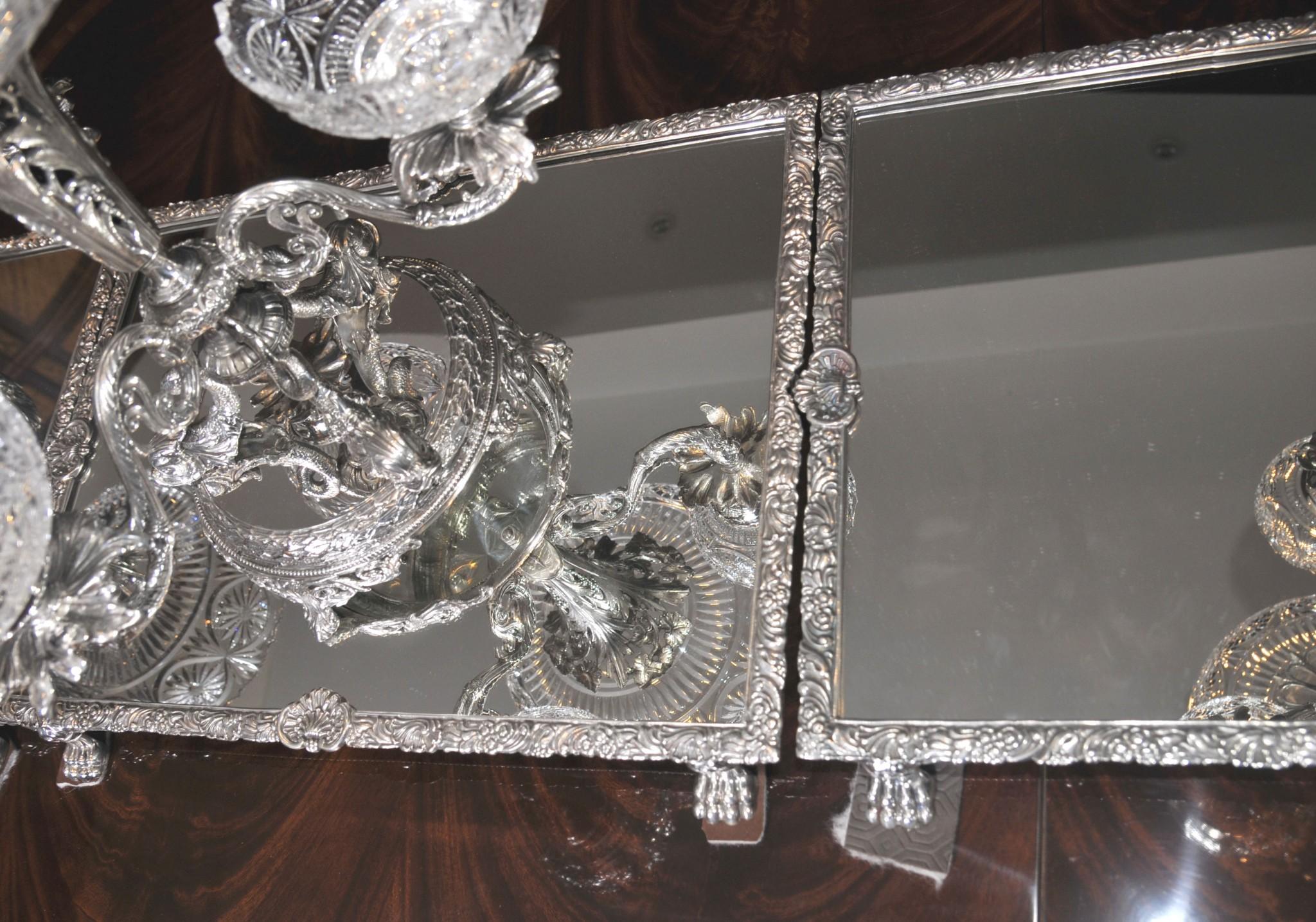 This really has to be the mother of all silver plate epergnes?
Over seven feet wide when laid end to end so a museum quality showstopper
Piece is also stamped Sheffield silver plate on the underside
Comes on the five trays and features to side