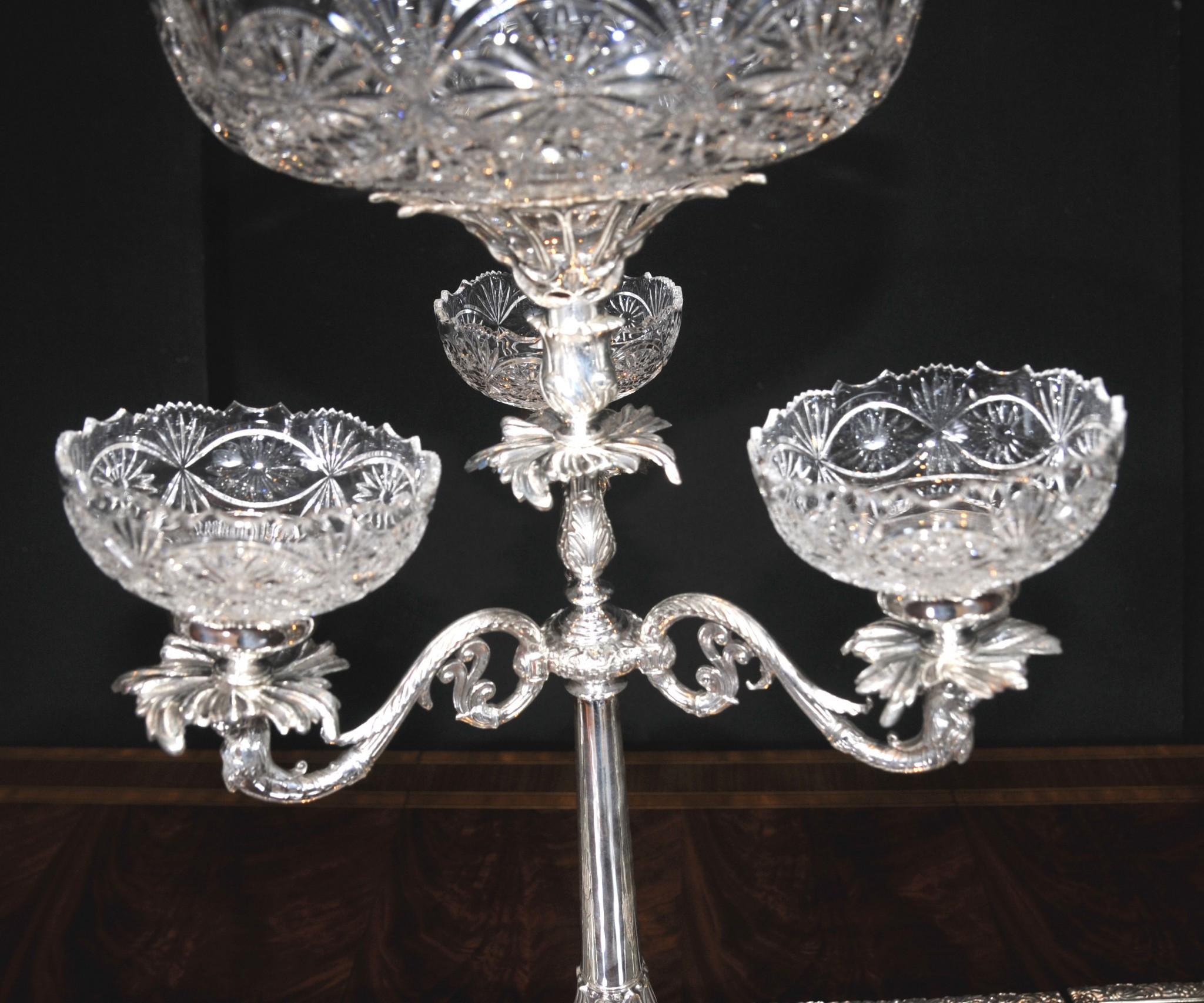Late 20th Century Victorian Silver Plate Epergne Centrepiece - Sheffield Cut Glass Bowl
