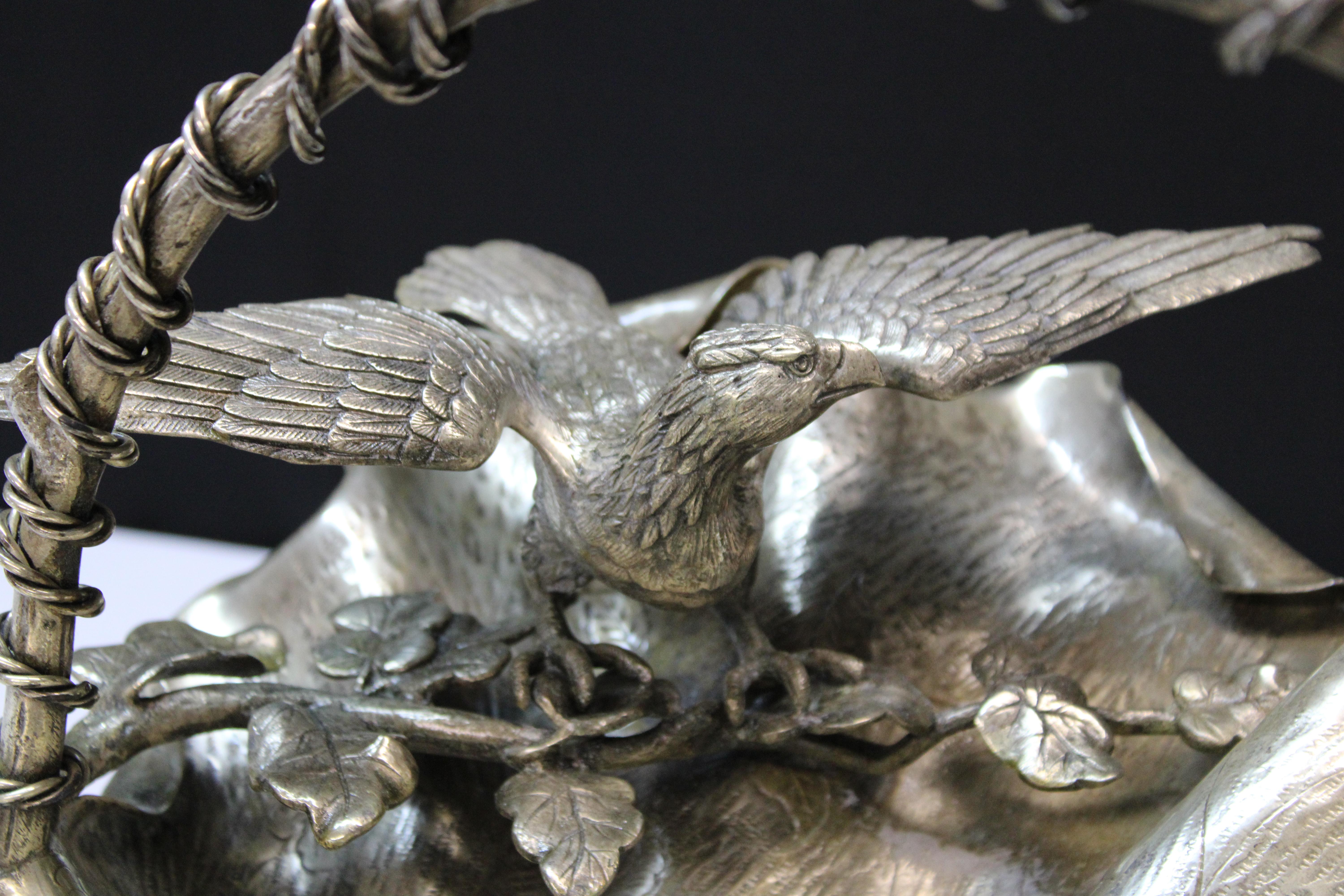 European Victorian Silver-Plate Handled Fruit Basket Decorated with Flowers and Eagle For Sale
