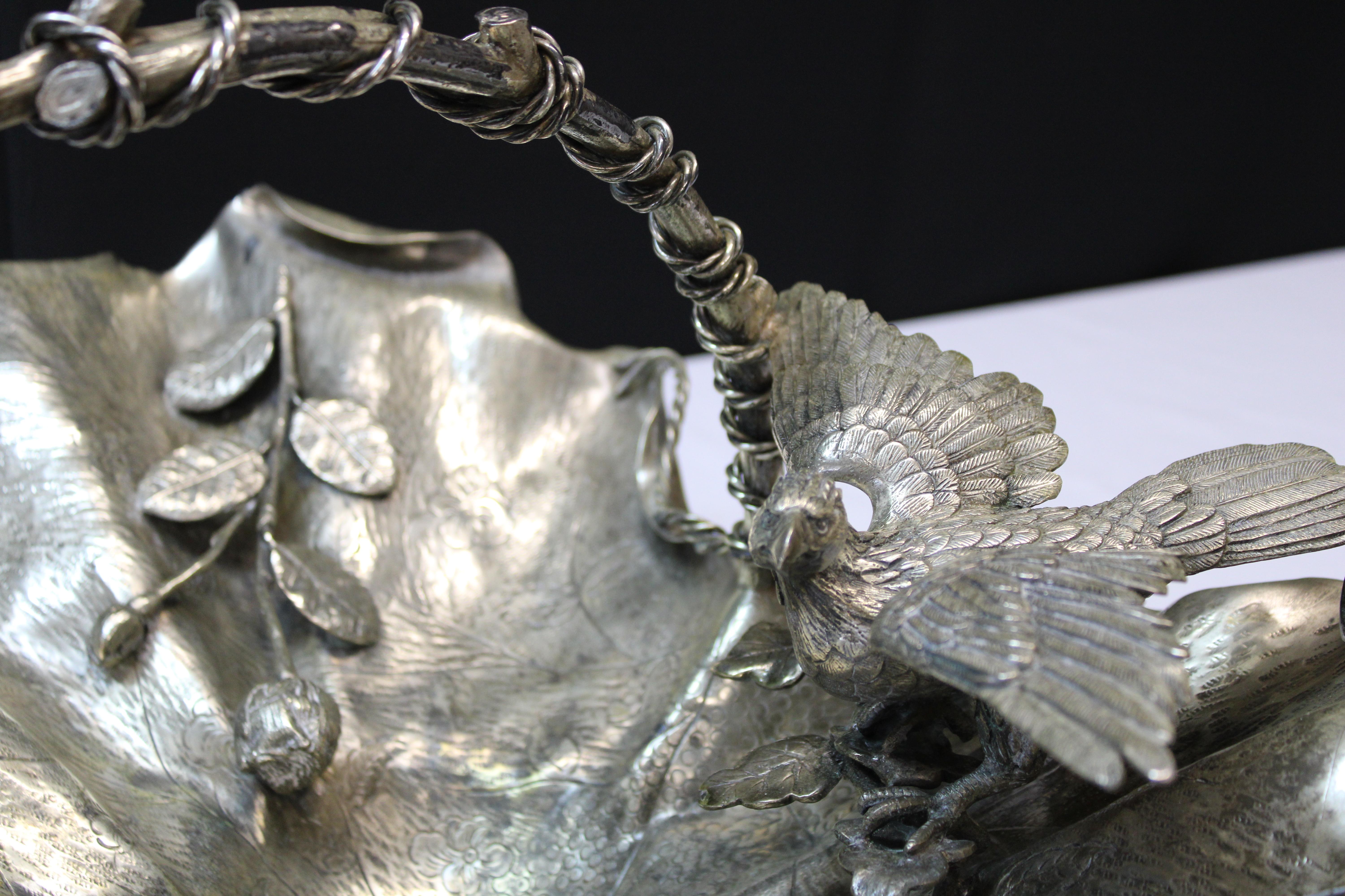 Victorian Silver-Plate Handled Fruit Basket Decorated with Flowers and Eagle In Good Condition For Sale In San Francisco, CA