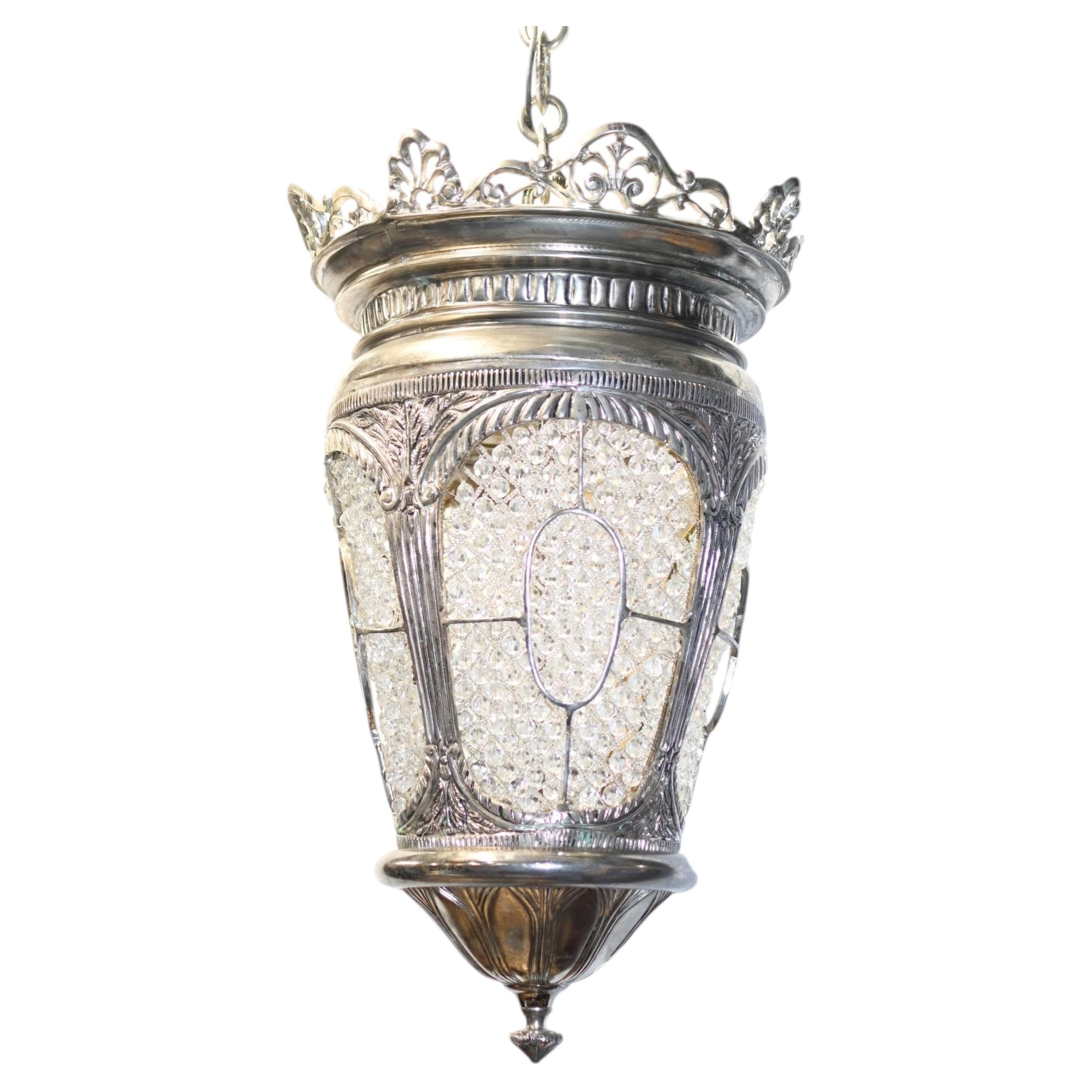 Victorian Silver Plate Lantern Light Chandelier Crystal Glass