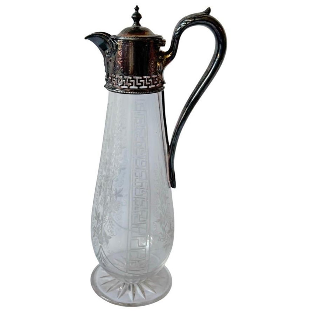 Victorian Silver-Plated and Etched Glass Claret Jug, England, Late 19th Century