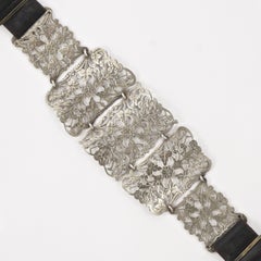 Victorian Silver Plated Black Leather Leaves and Flowers Adjustable Belt