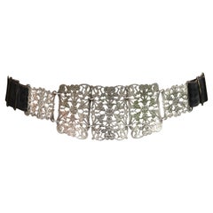 Victorian Silver Plated Black Leather Leaves and Flowers Adjustable Belt