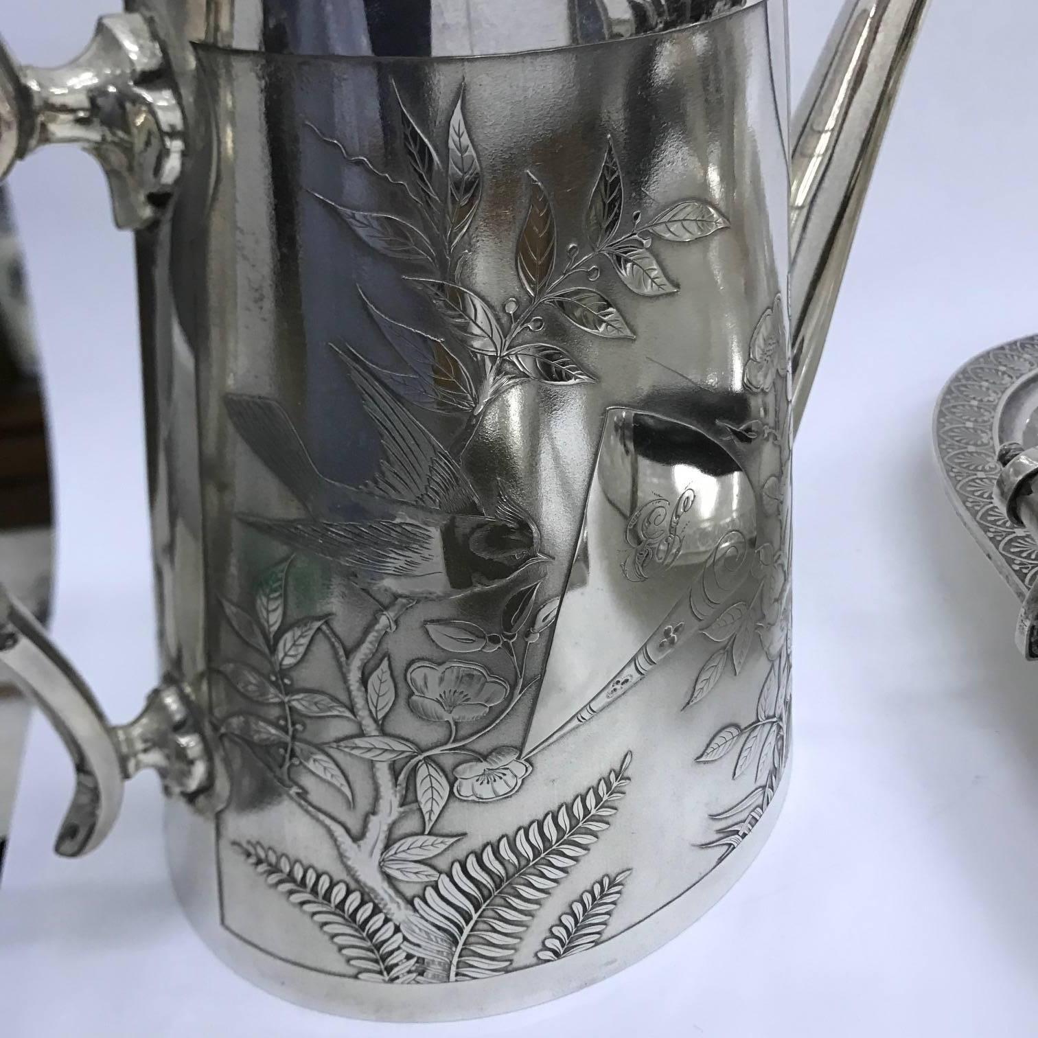 Engraved 1880 Johnson & Co Victorian Silver Plated British Tea Service, Aesthetic Style