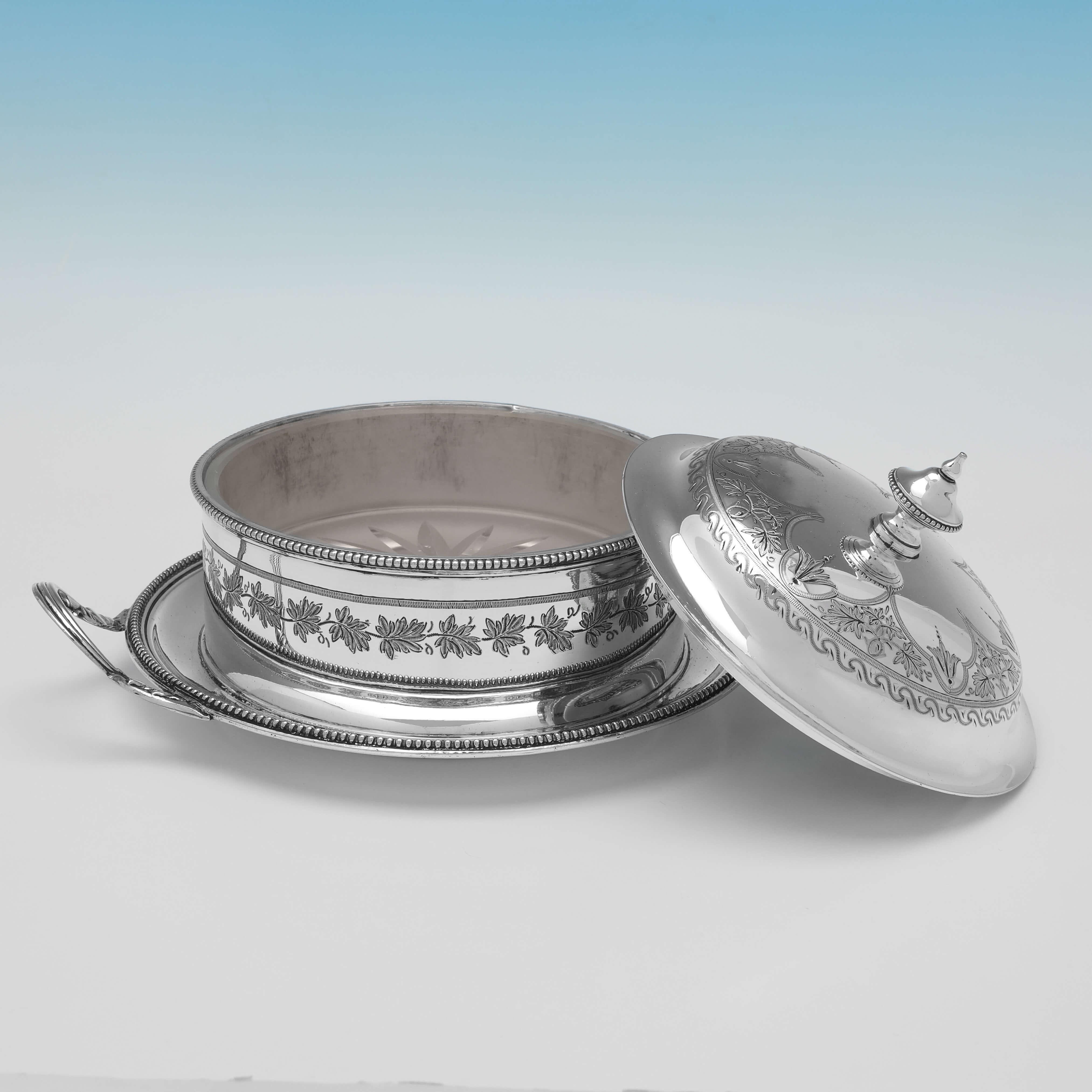 Made circa 1880 by Henry Wilkinson & Co, this attractive, Victorian, Antique Silver Plated Butter Dish, is straight sided, and features engraved decoration throughout, bead borders, and a glass liner. The butter dish measures 4.5