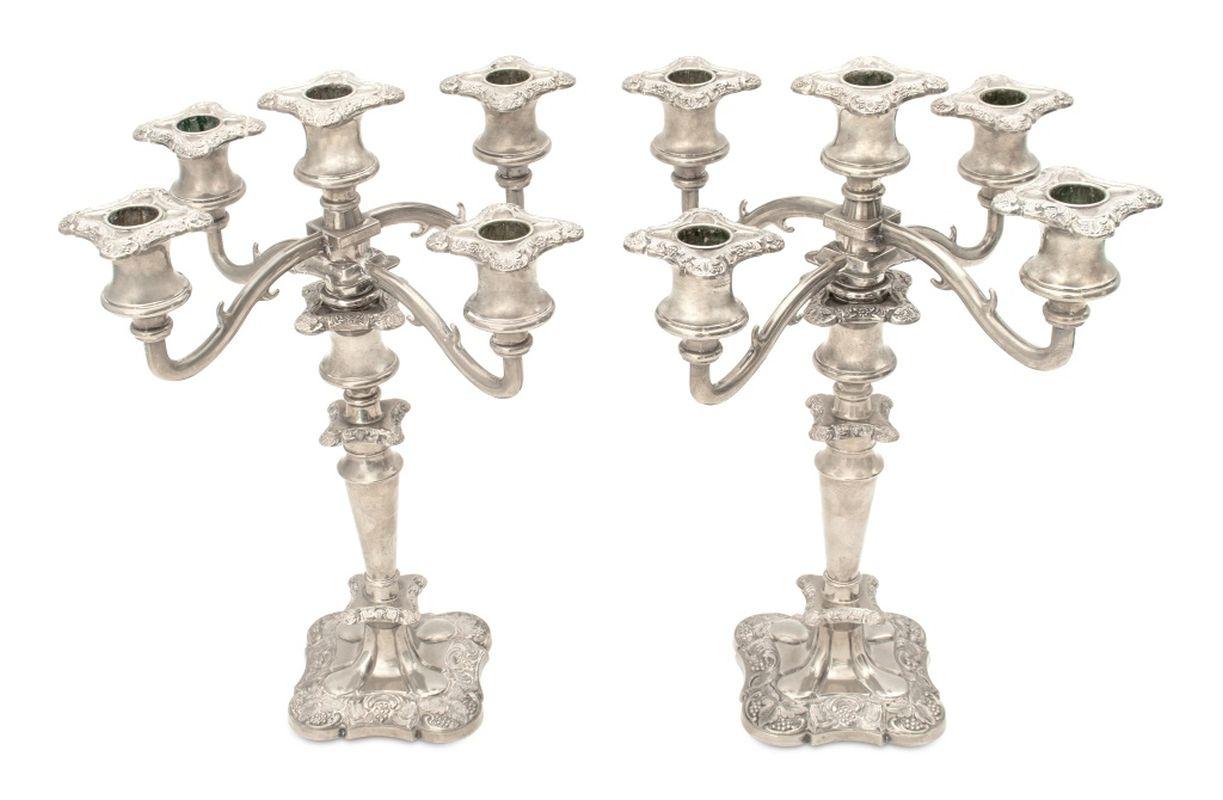 Pair of Victorian Silver Plated Five Light Candelabra, late 19th century, four arms, grapevine decoration, on shaped bases. 14.25