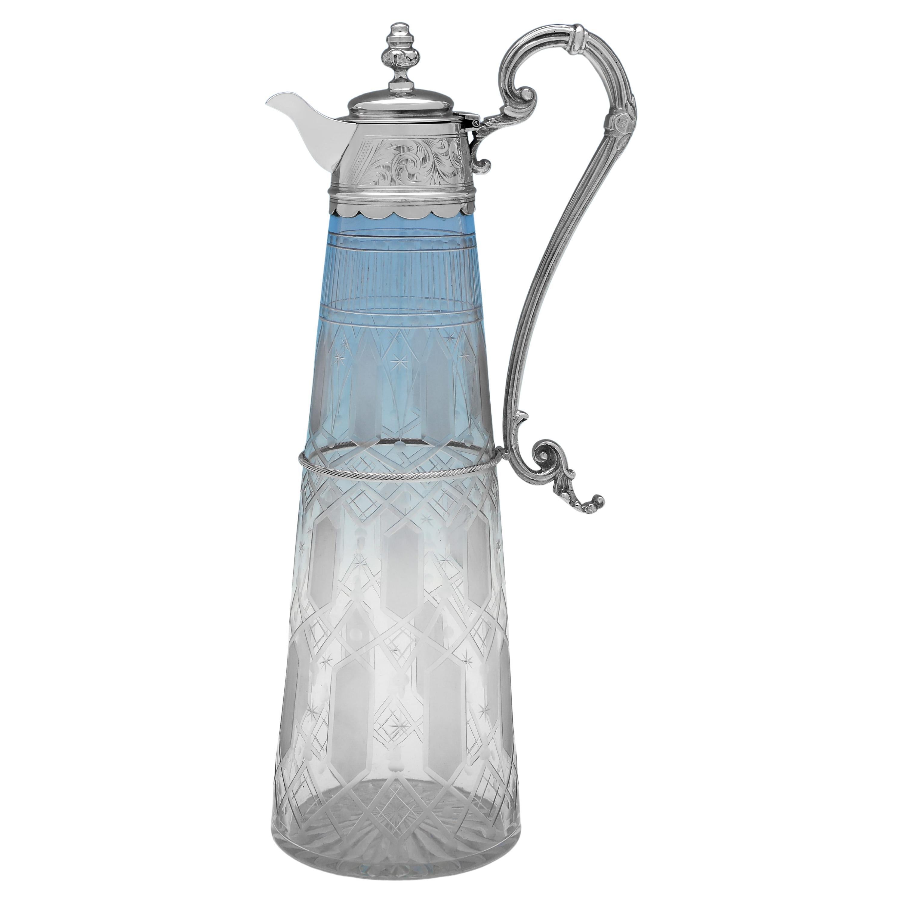 Viktorianischer versilberter Rotweinkrug mit geätztem Glas aus der Zeit um 1880
