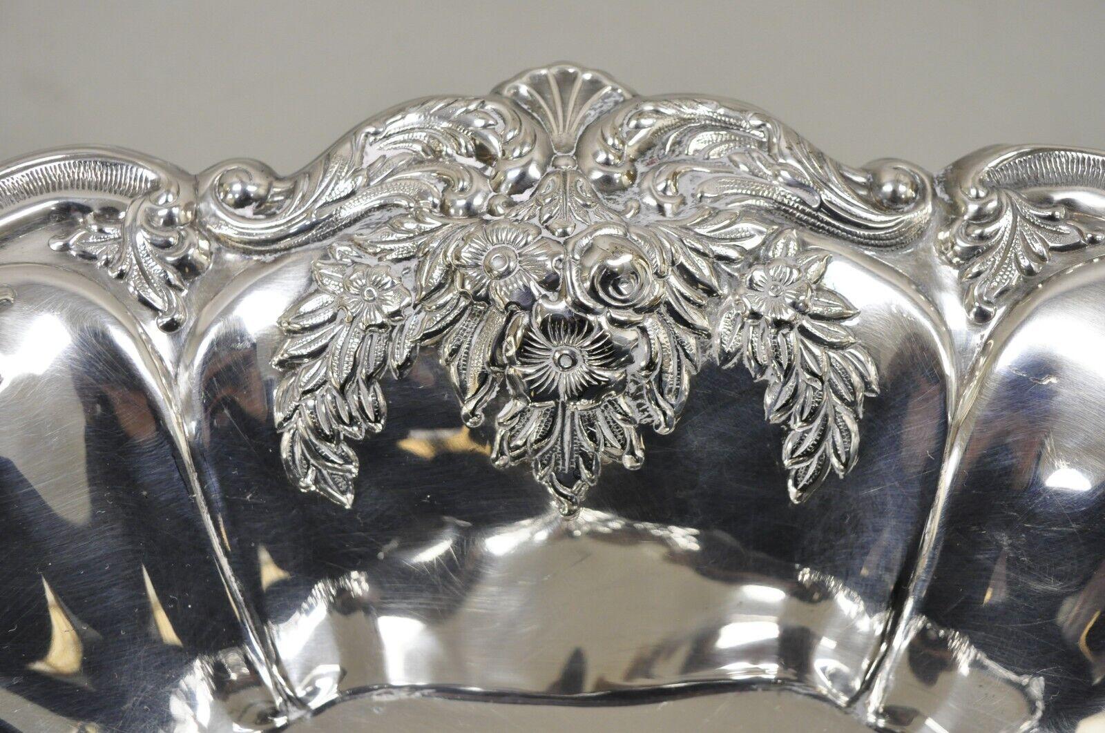 Victorian Silver Plated Floral Repousse Trinket Dish Serving Bowl Platter In Good Condition For Sale In Philadelphia, PA