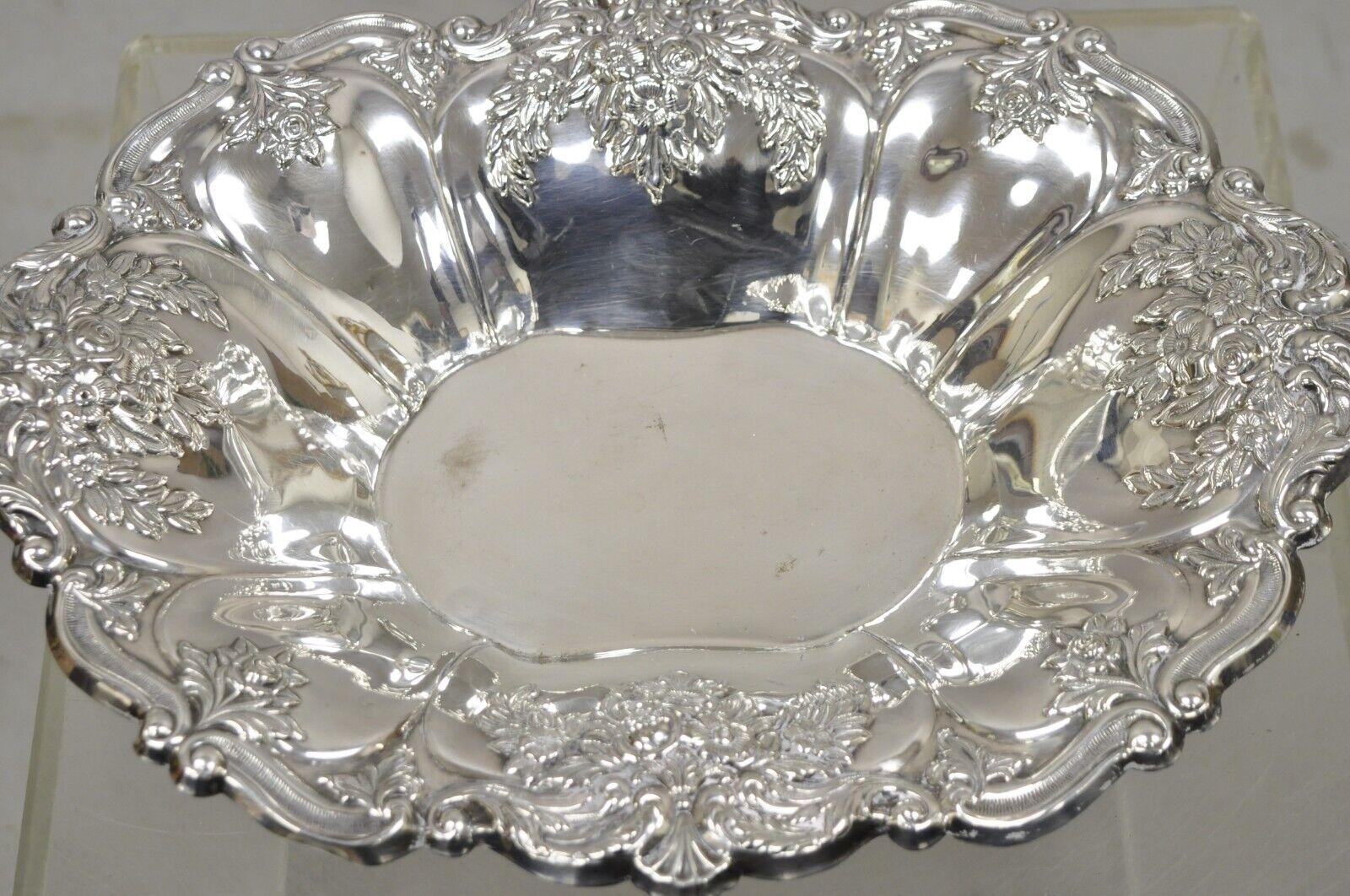 20th Century Victorian Silver Plated Floral Repousse Trinket Dish Serving Bowl Platter For Sale