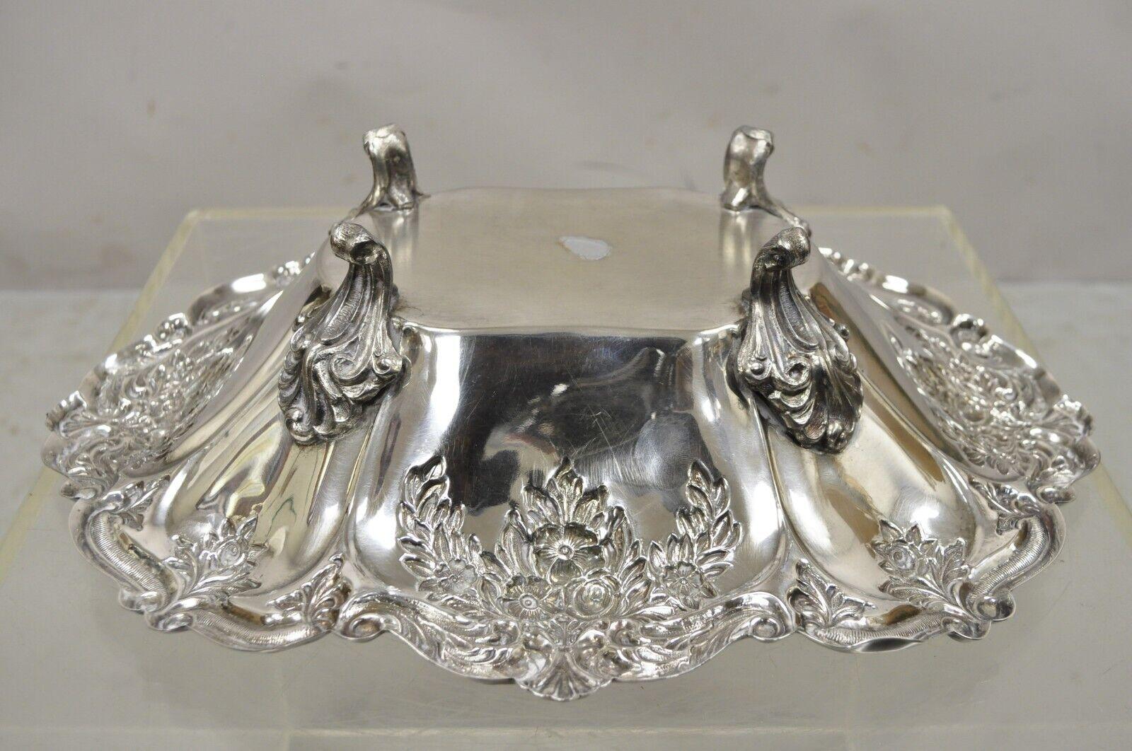 Victorian Silver Plated Floral Repousse Trinket Dish Serving Bowl Platter For Sale 4