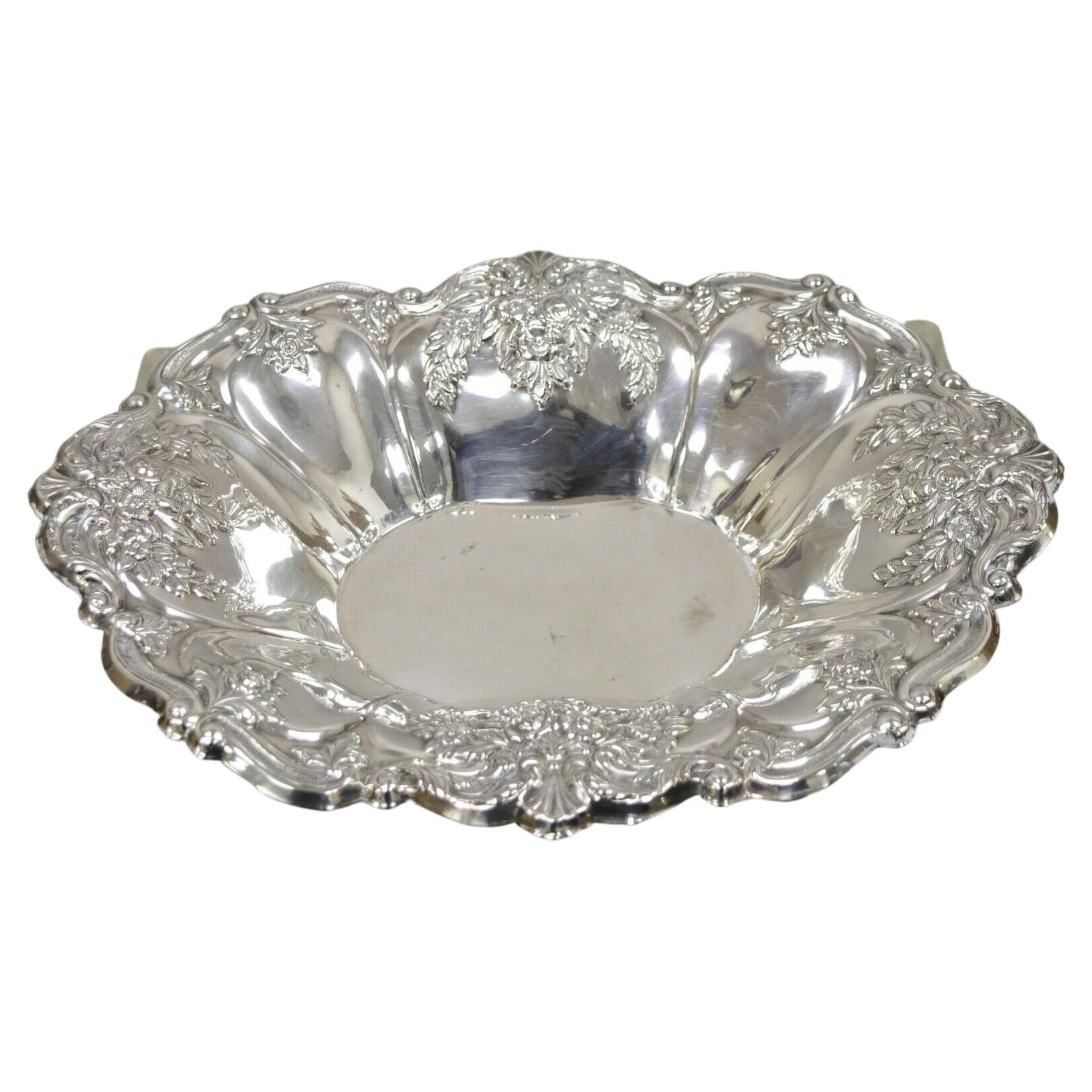 Victorian Silver Plated Floral Repousse Trinket Dish Serving Bowl Platter For Sale