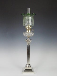 Victorian Silver Plated Oil Lamp with Original Etched Green Shade