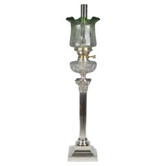 Victorian Silver Plated Oil Lamp with Original Etched Green Shade