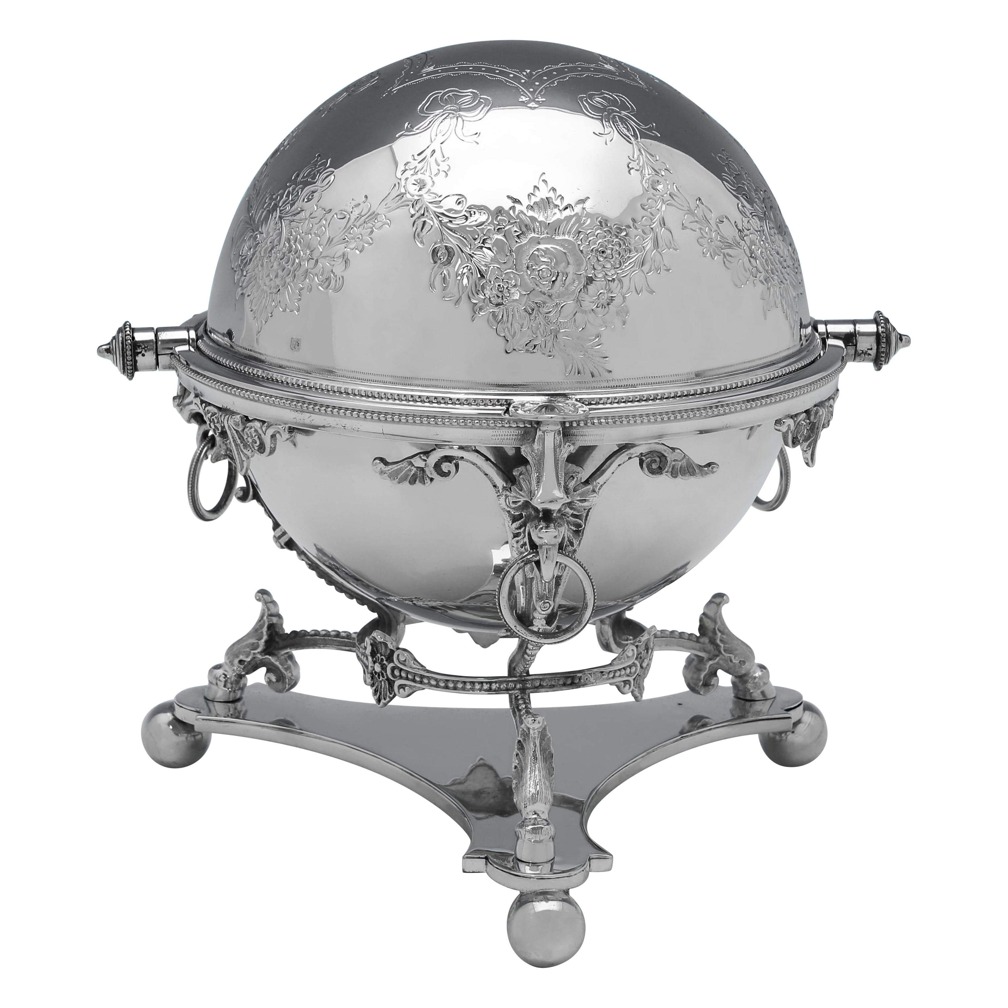 Scatola per biscotti vittoriana con piano girevole placcata in argento, registrata nel gennaio 1870