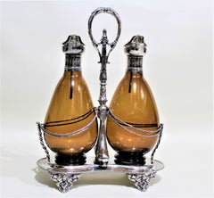 Victorian Silver Plated Tantalus or Sherry Stand with Amber Glass Bottles