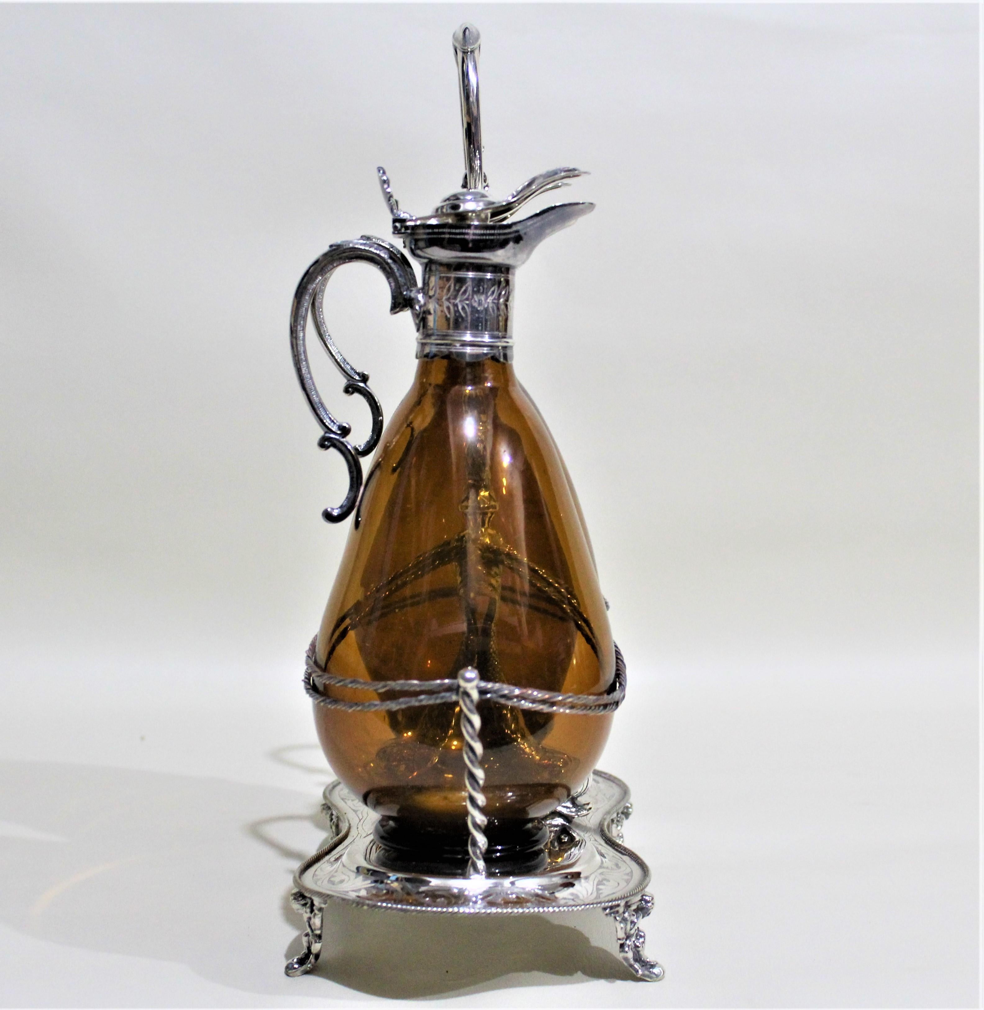 Late Victorian Victorian Silver Plated Tantalus or Sherry Stand with Amber Glass Bottles