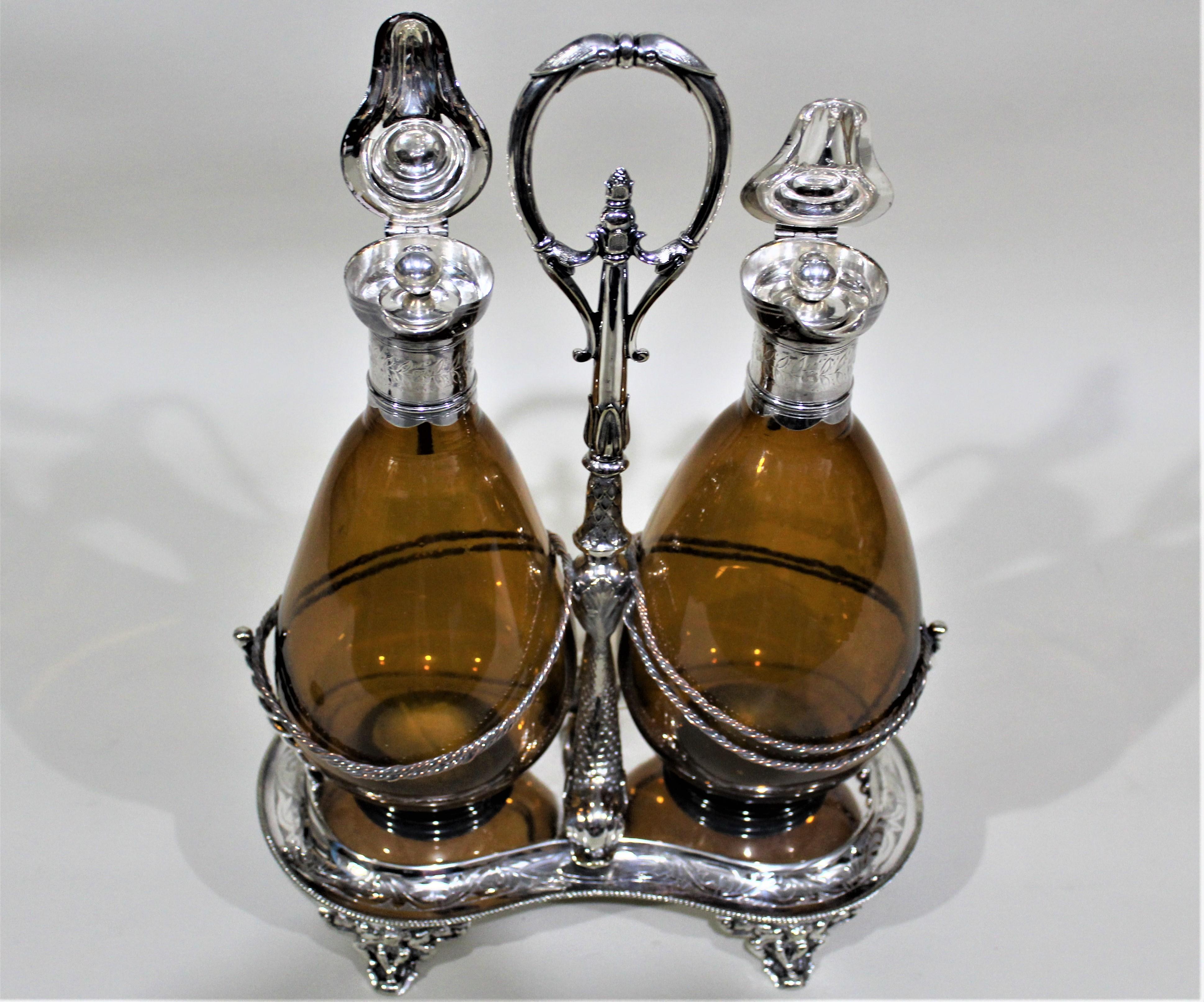 Hand-Crafted Victorian Silver Plated Tantalus or Sherry Stand with Amber Glass Bottles