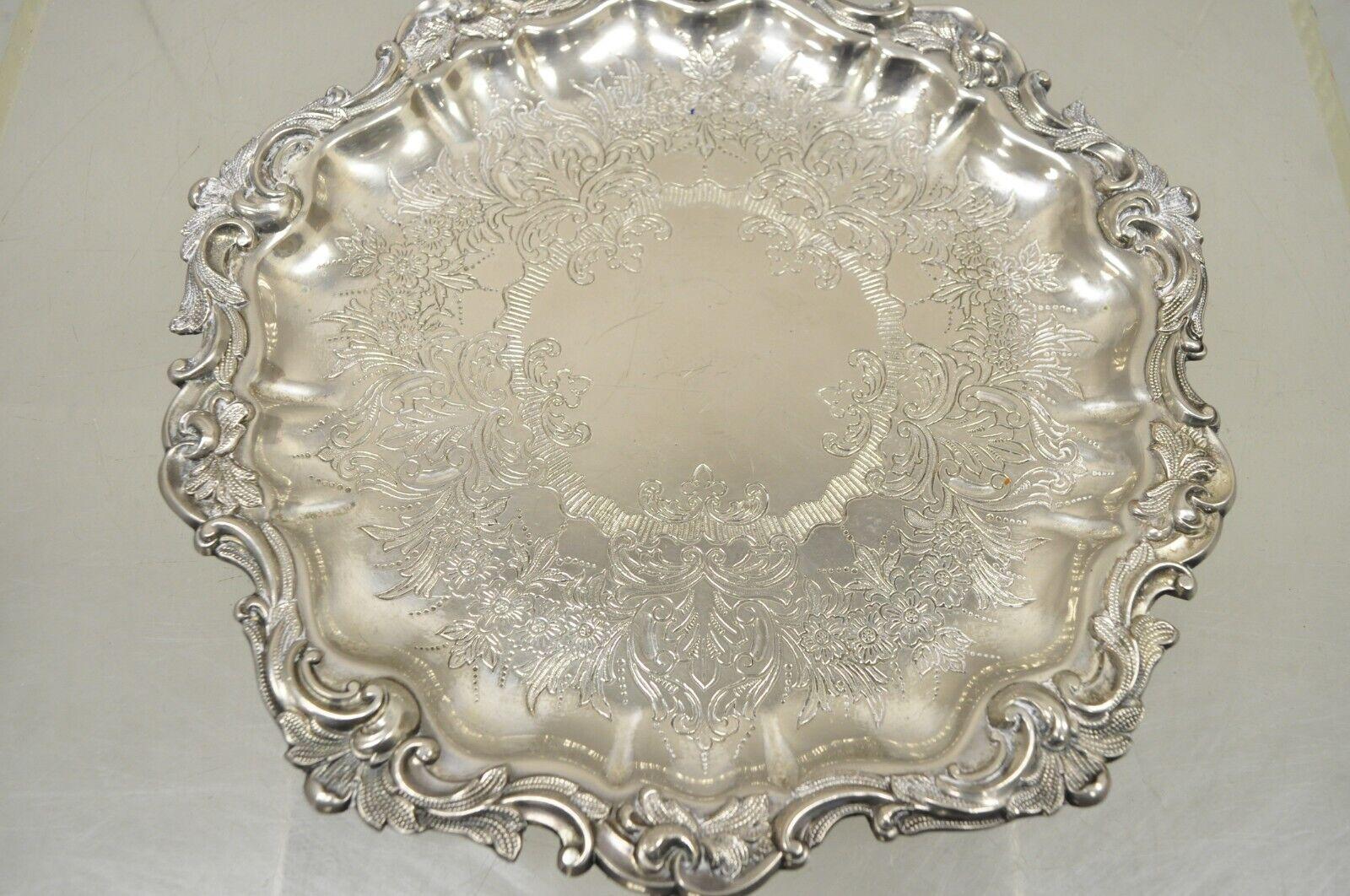 Victorian Silver Plated Small Scalloped Round Serving Platter Tray on Feet For Sale 3