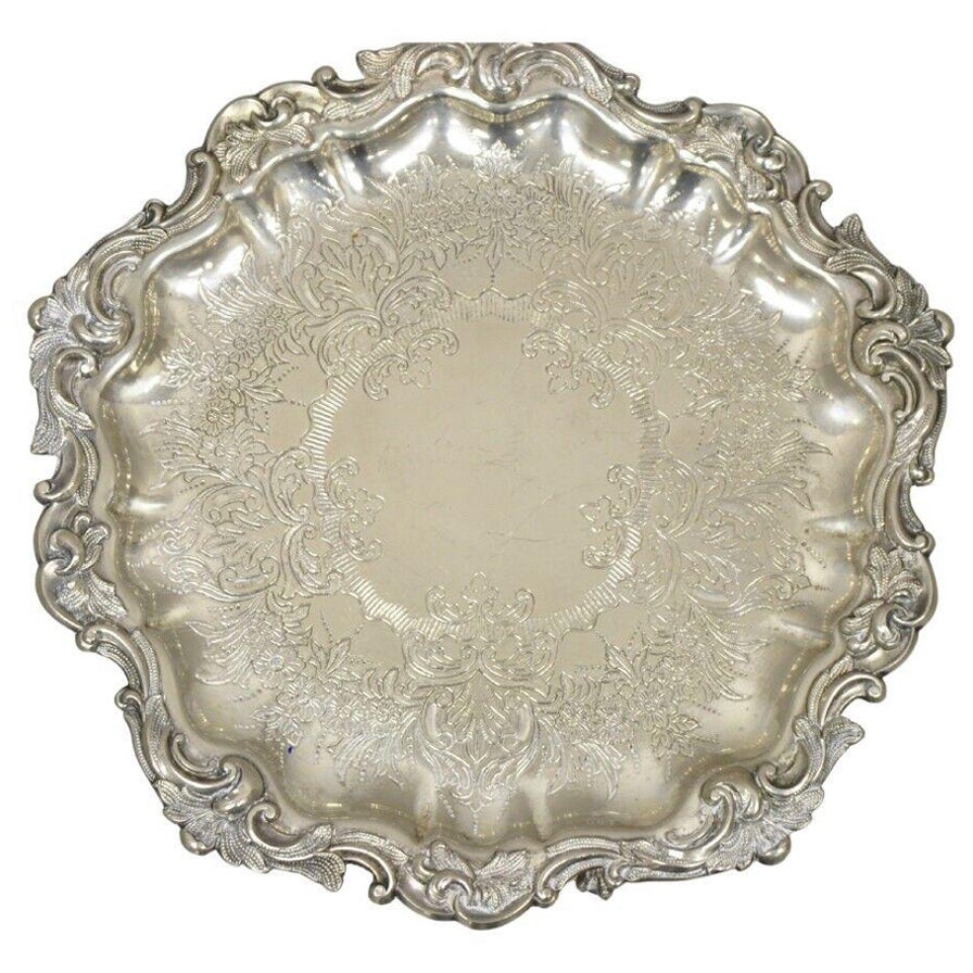 Victorian Silver Plated Small Scalloped Round Serving Platter Tray on Feet