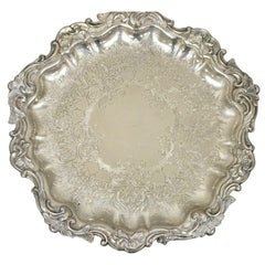 Victorian Silver Plated Small Scalloped Round Serving Platter Tray on Feet