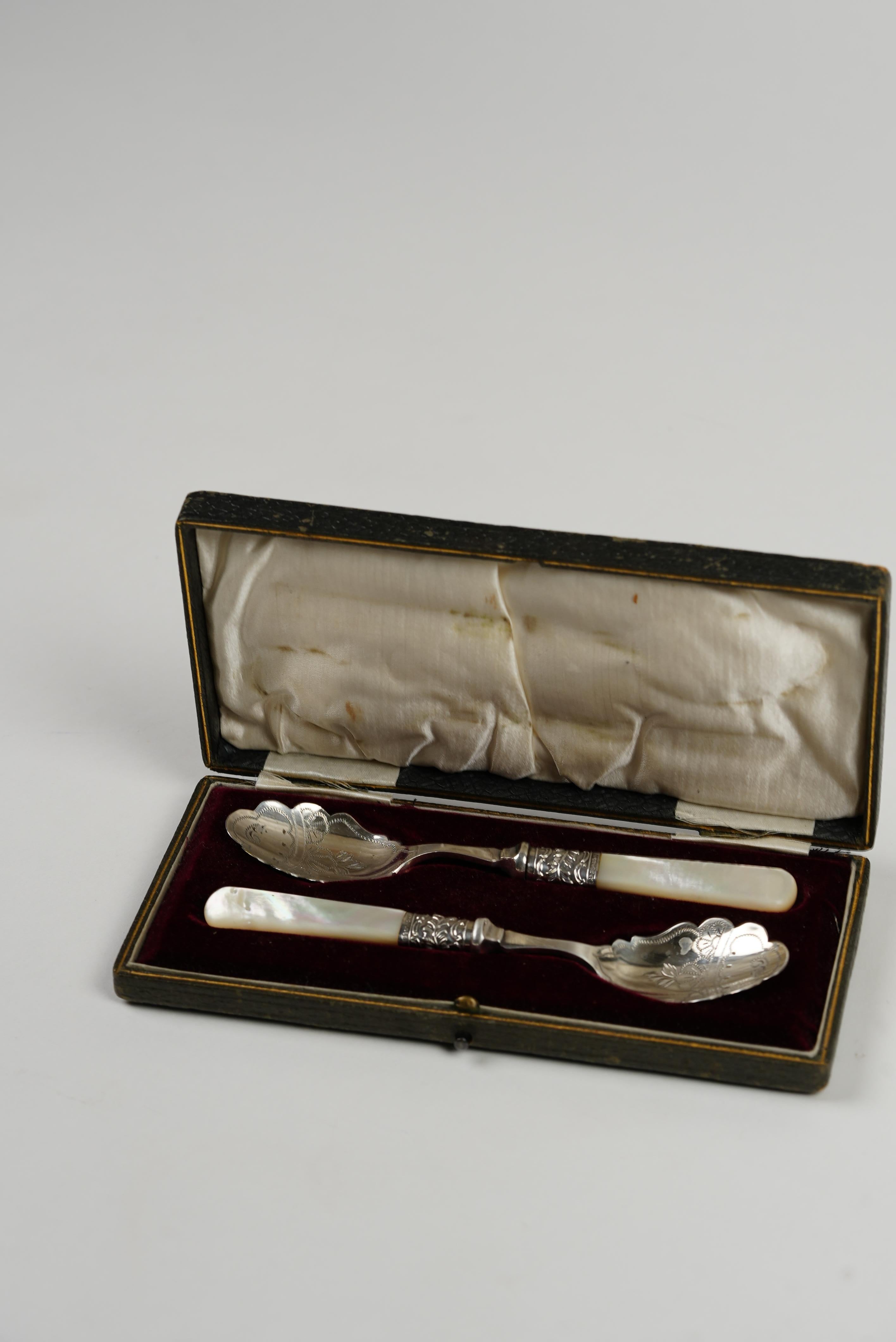 Victorian Silver-Plated Spoons with Mother-of-Pearl Handles  Set of 2 For Sale 4