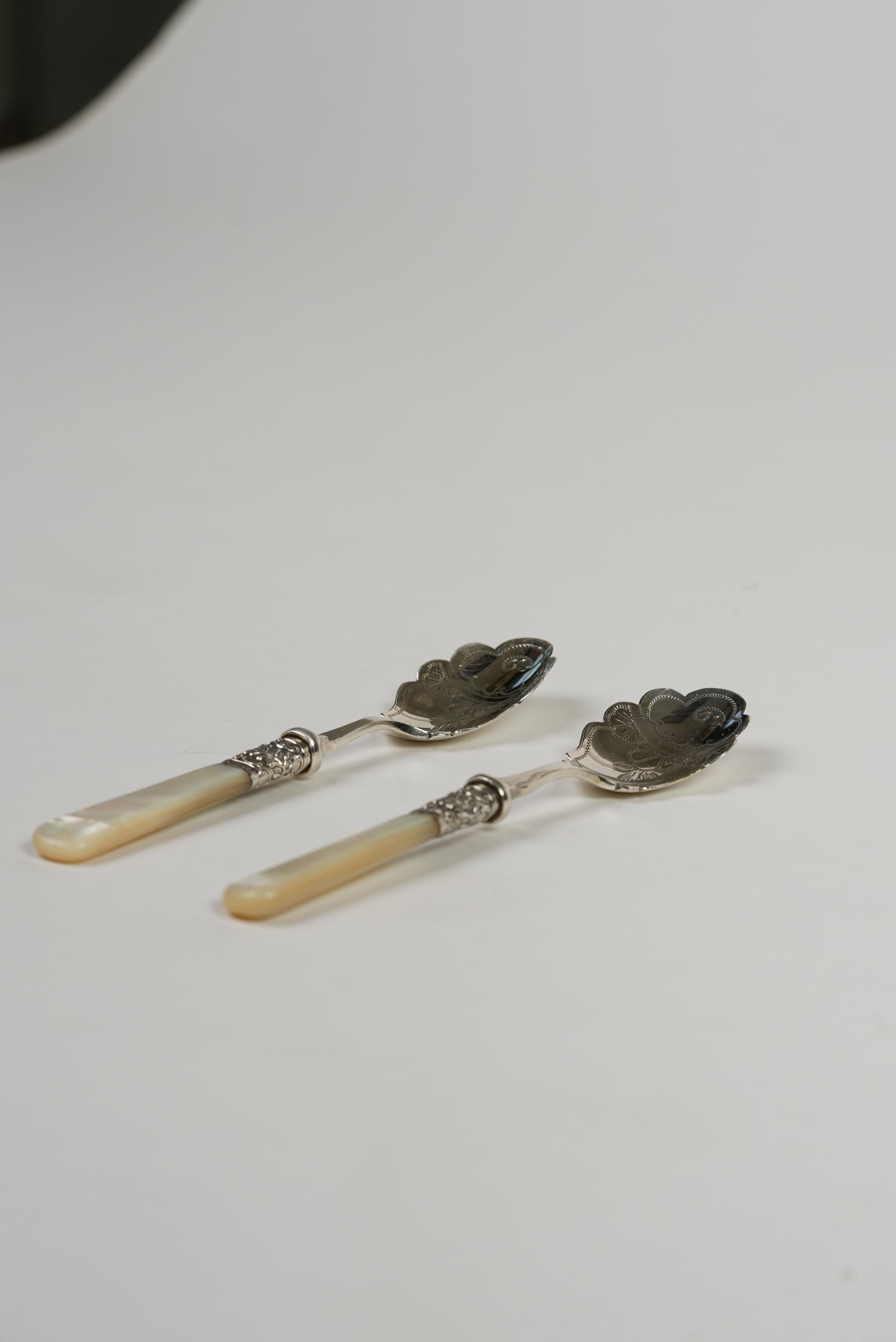 English Victorian Silver-Plated Spoons with Mother-of-Pearl Handles  Set of 2 For Sale