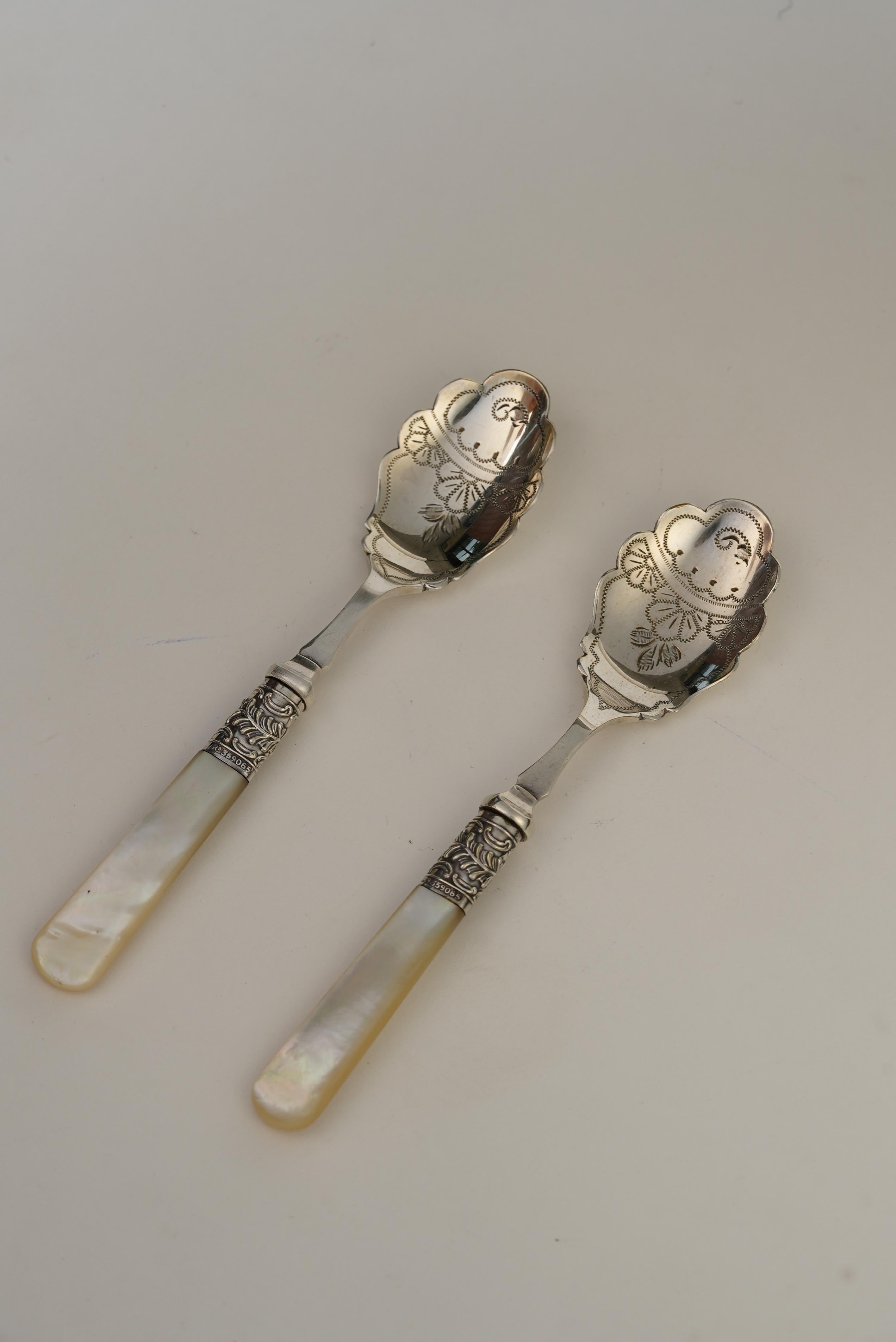 Silver Plate Victorian Silver-Plated Spoons with Mother-of-Pearl Handles  Set of 2 For Sale