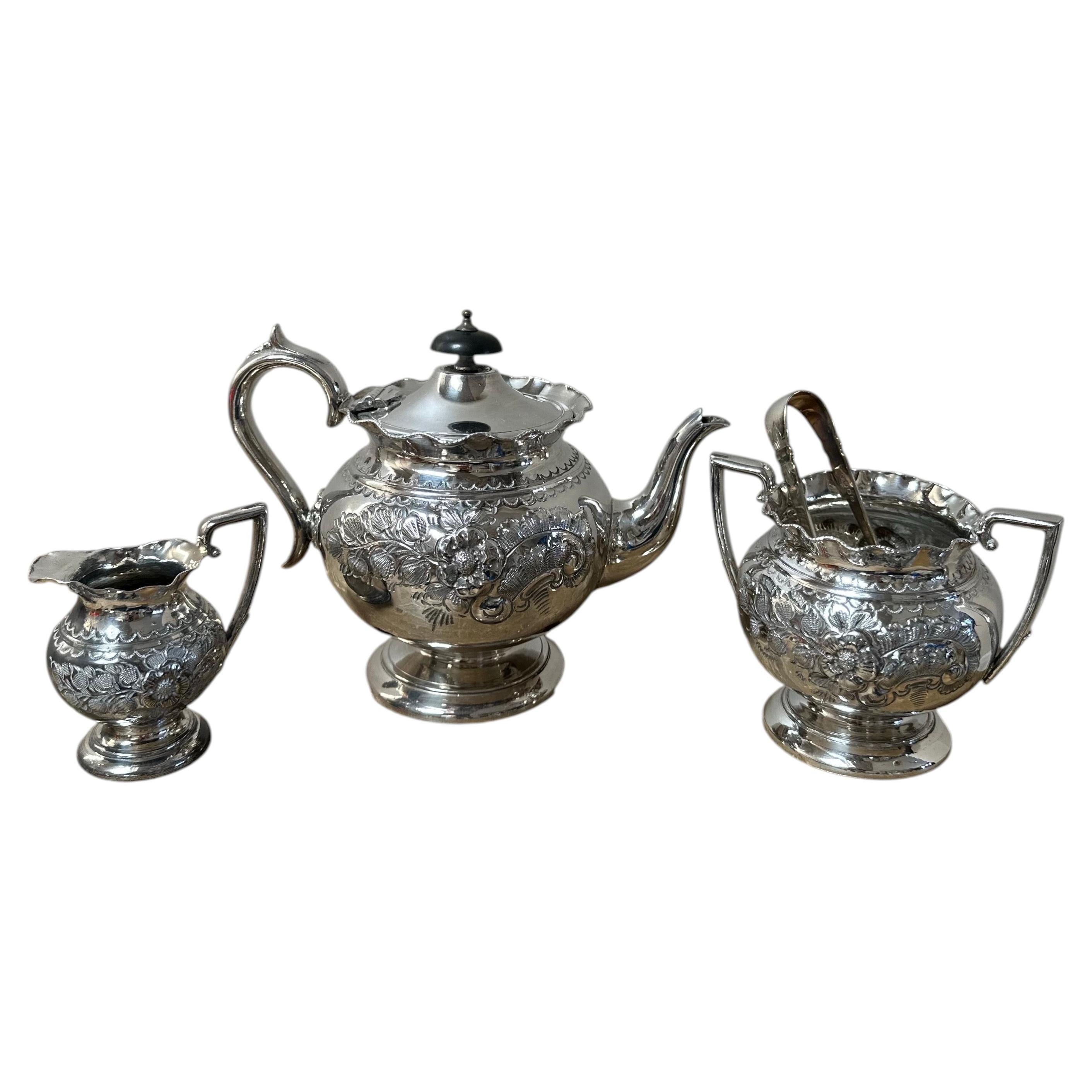 Pre-owned Sheffield Victorian Silver-plated Tea Set, Hand-chased Floral Design, 1890