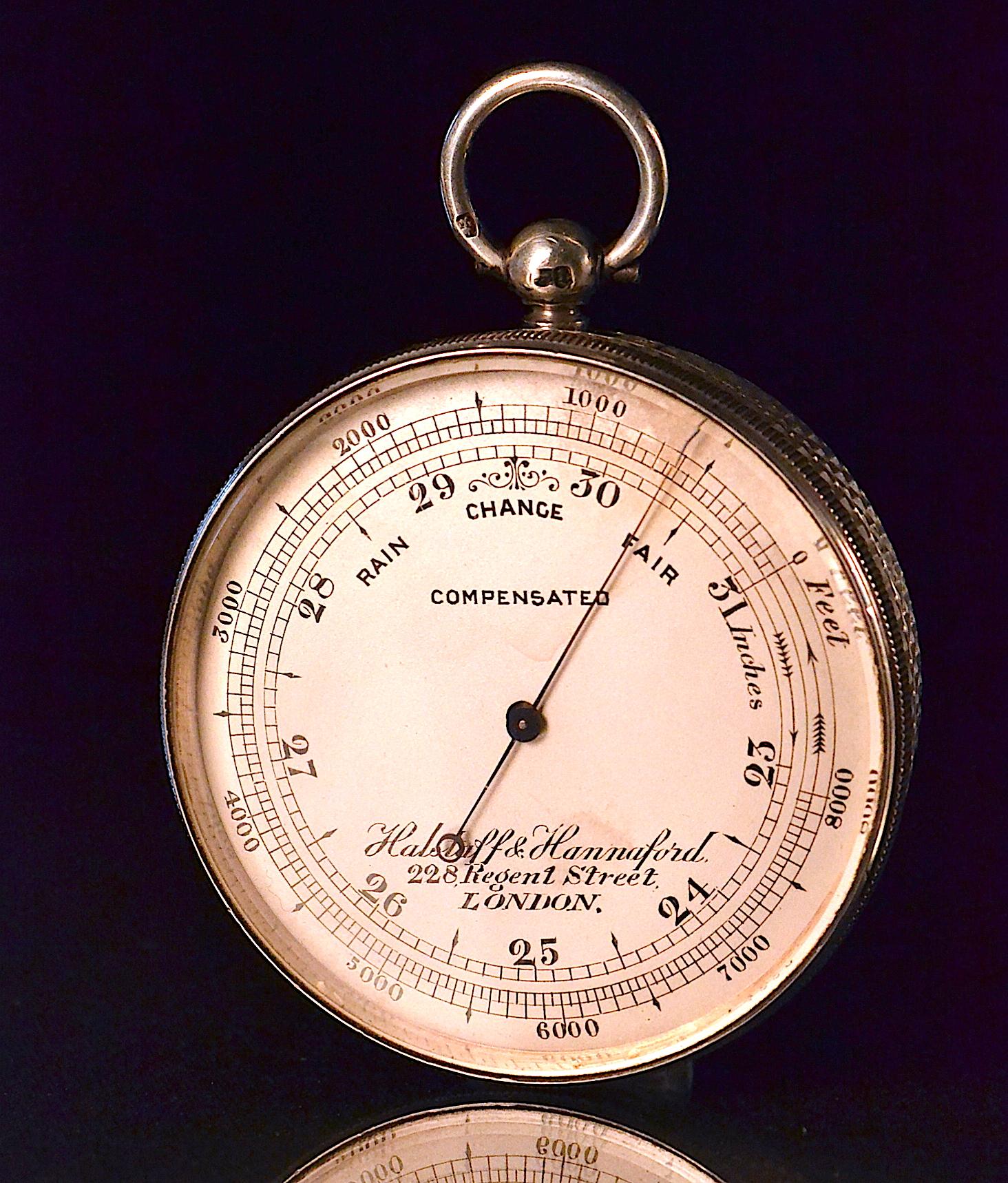 An ornate cast silver pocket barometer with engraved dial Halstaff and Hannaford 228 Regent Street London. Case hallmarked London 1874 maker James Oliver.

James Oliver was a specialist watch case maker (1854-1892) King Square, Goswell Road,
