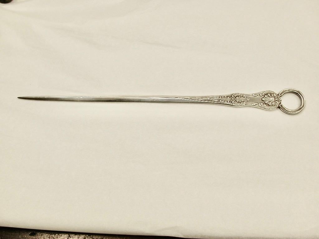Victorian silver queens pattern skewer, dated 1872, George Adams, London
Used these days mostly as a letter opener.
The queens pattern is still very sharp and the blade part is nicely beveled.
Made by the most prolific victorian cutlery maker in