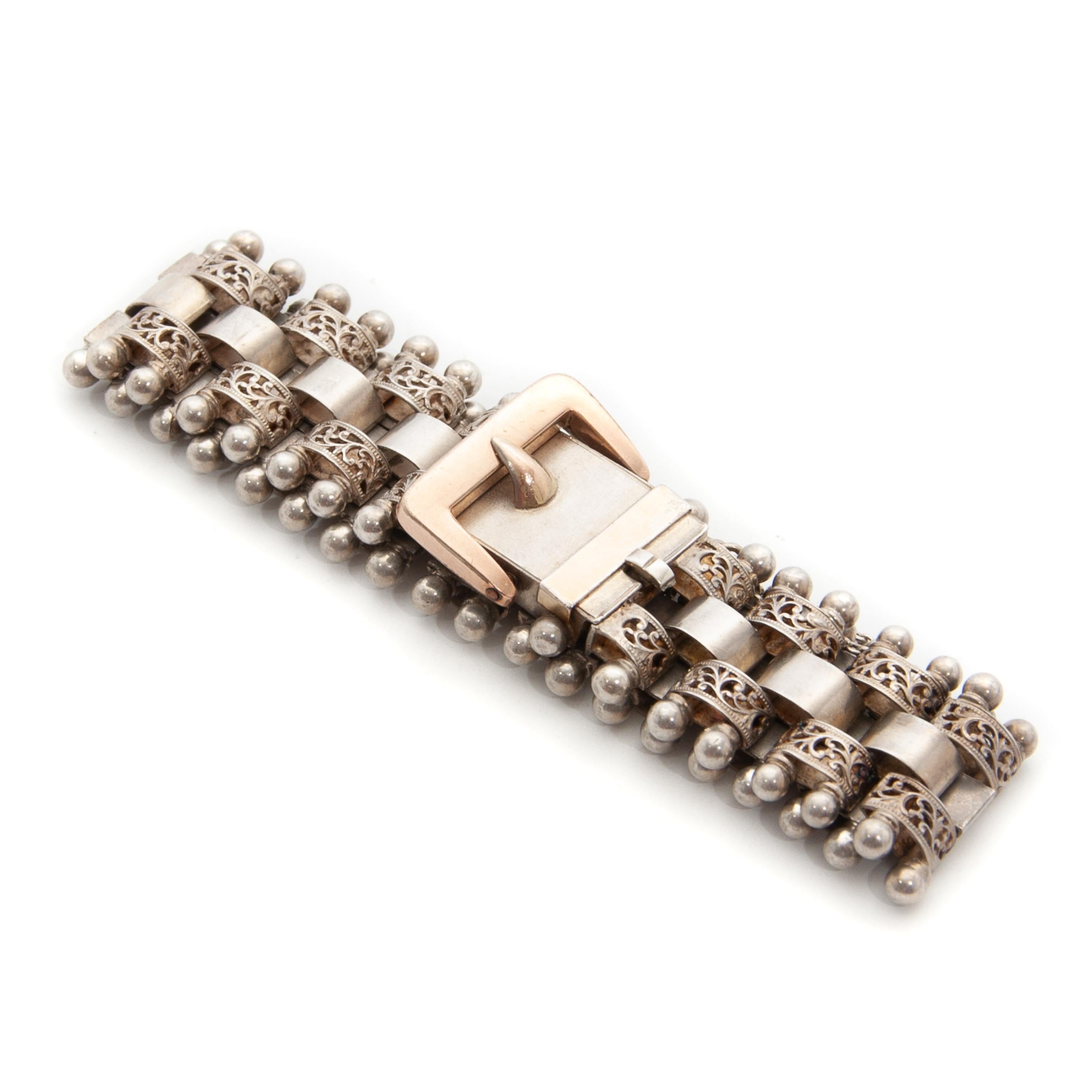 Women's or Men's Antique Victorian Silver Gilded Rose Gold Buckle Link Bracelet For Sale