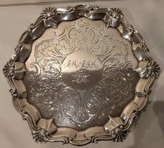 Victorian silver salver supported by feet with punches, London 1855