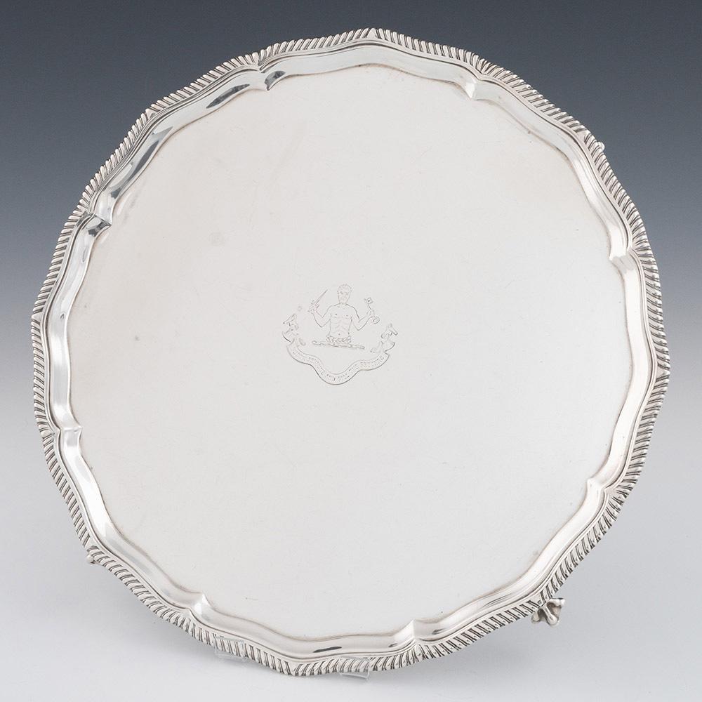 Heading : Victorian silver salver with Clan Murray Crest
Date : Hallmarked in London in 1897 for Thomas Bradbury & Sons
Period : Victoria
Origin : London, England
Decoration : Pie crust and scalloped rims with four claw and ball feet. Central Clan