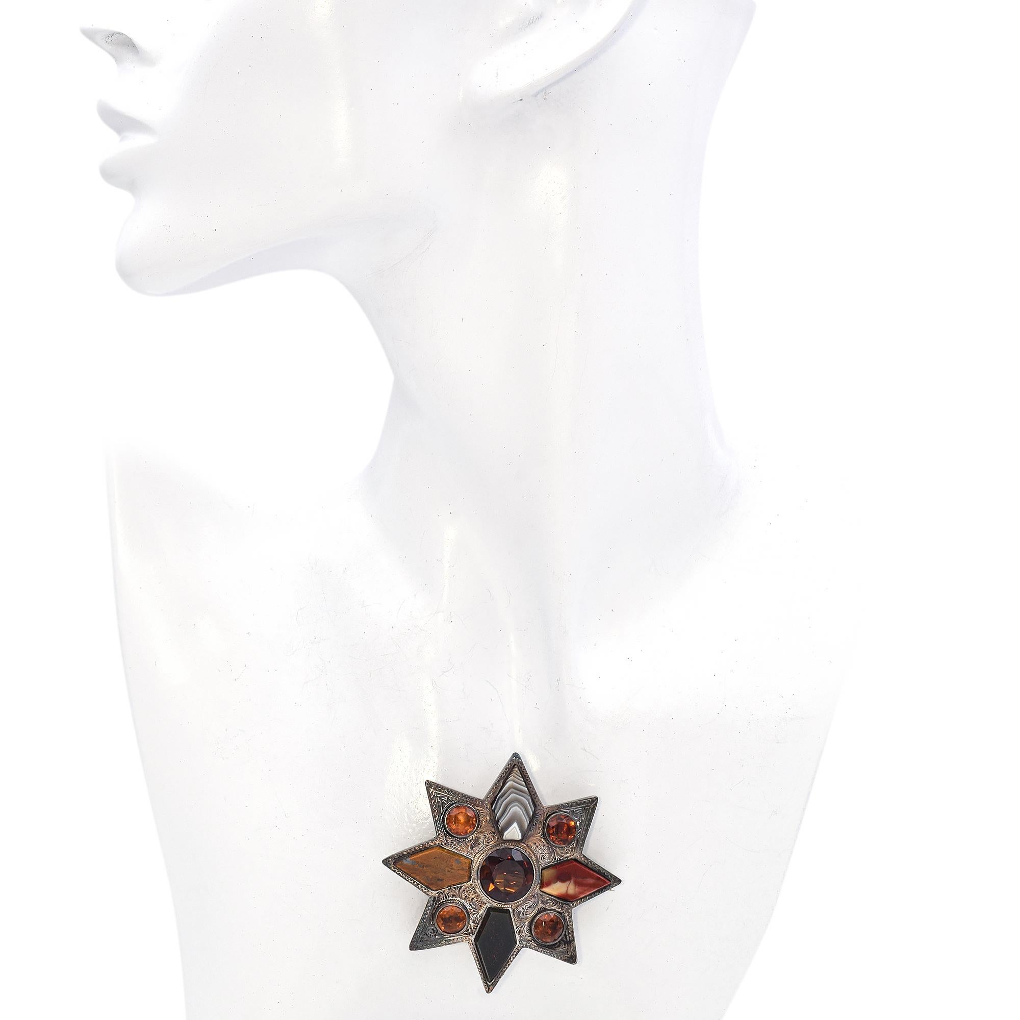 Round Cut Victorian Silver Scottish Agate and Citrine Hand Engraved Star Brooch For Sale