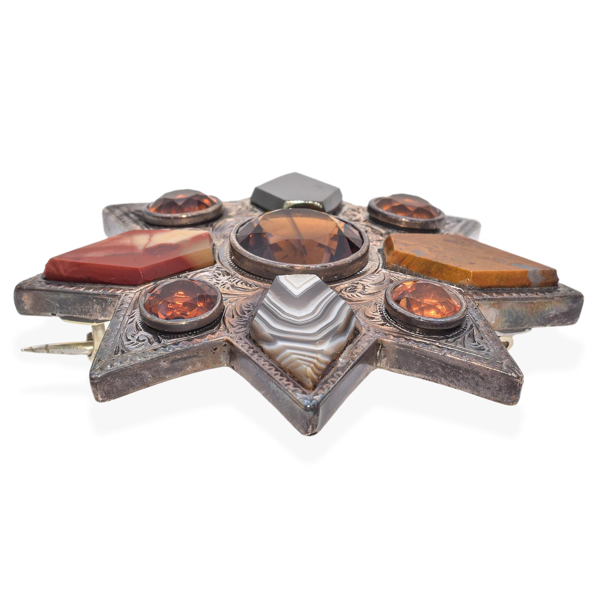 Women's Victorian Silver Scottish Agate and Citrine Hand Engraved Star Brooch For Sale