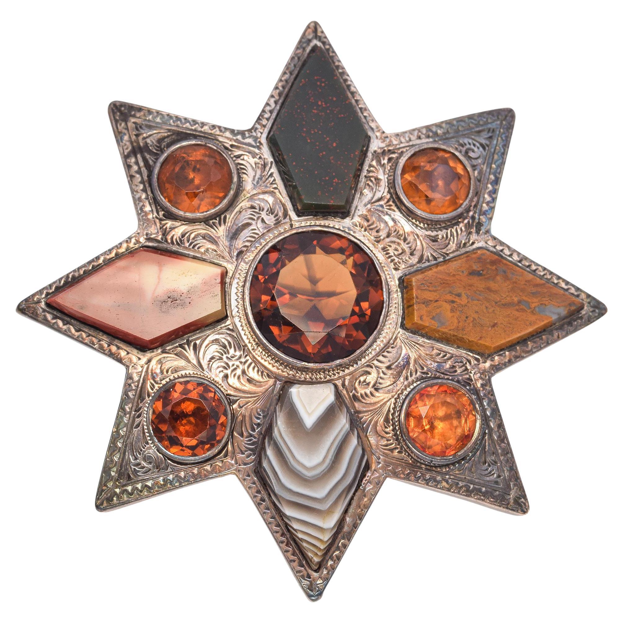 Victorian Silver Scottish Agate and Citrine Hand Engraved Star Brooch