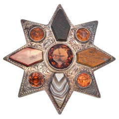 Victorian Silver Scottish Agate and Citrine Hand Engraved Star Brooch