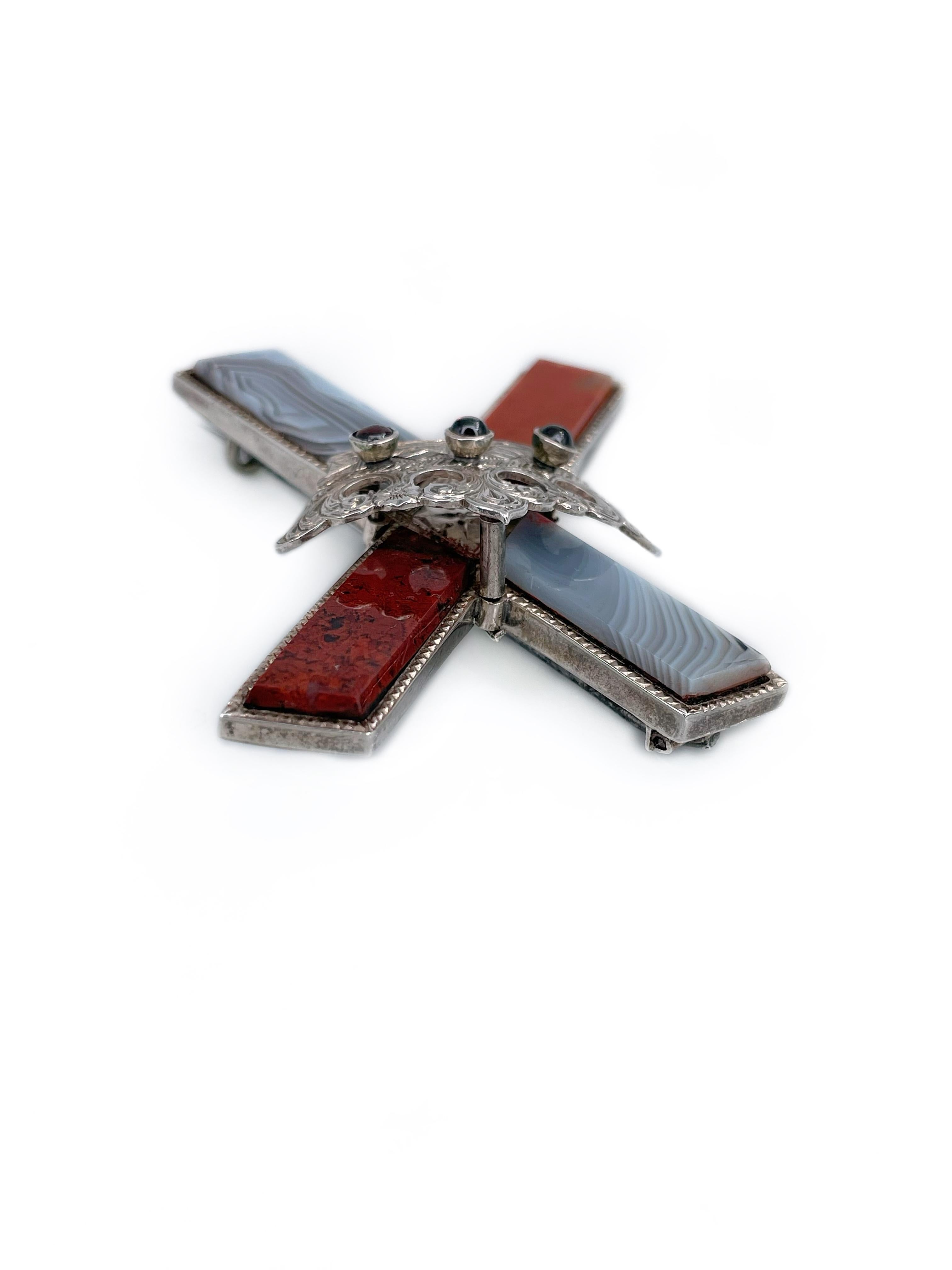 Mixed Cut Victorian Silver Scottish Agate Garnet Saltire Cross And Crown Pin Brooch