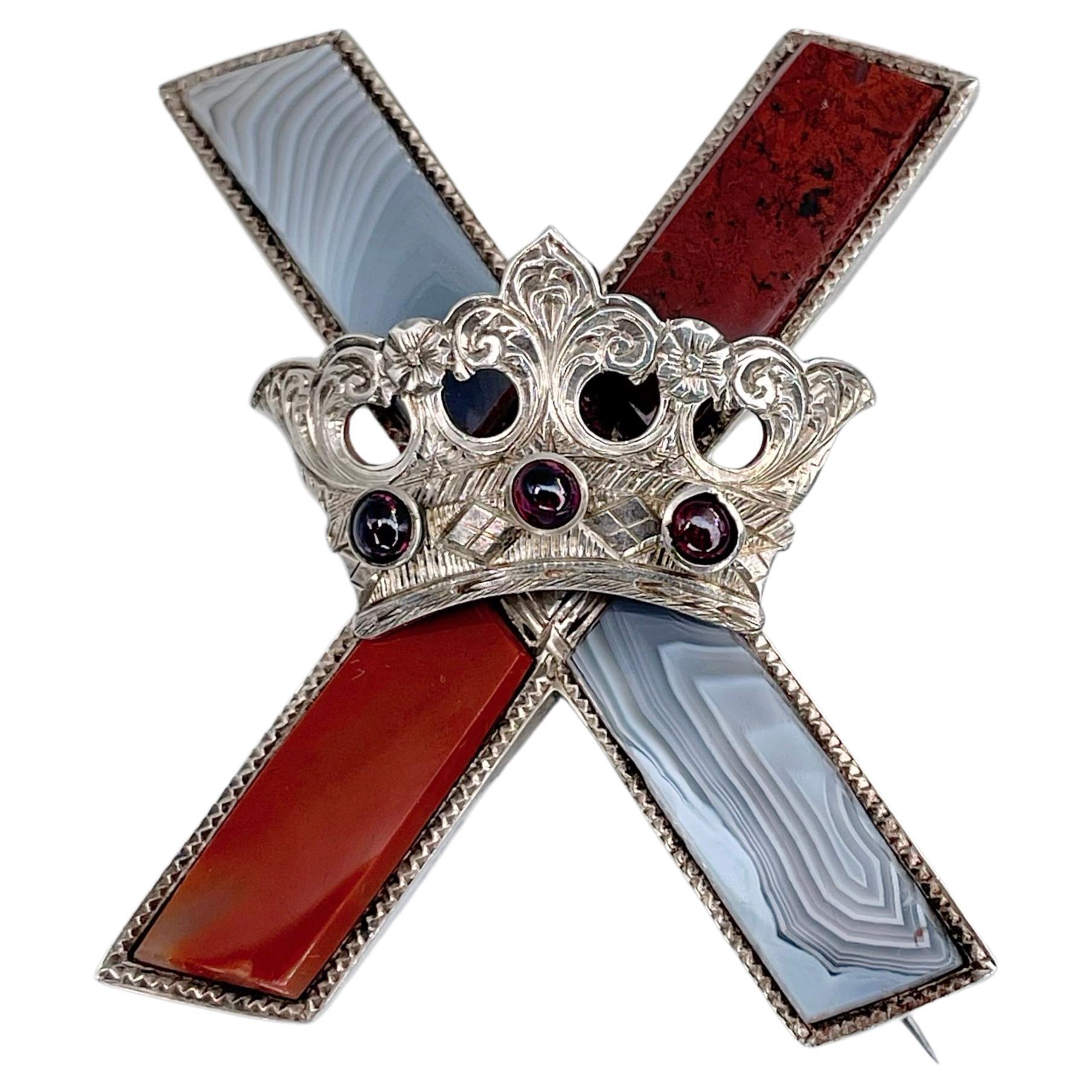 Victorian Silver Scottish Agate Garnet Saltire Cross And Crown Pin Brooch