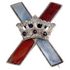 Victorian Silver Scottish Agate Garnet Saltire Cross And Crown Pin Brooch
