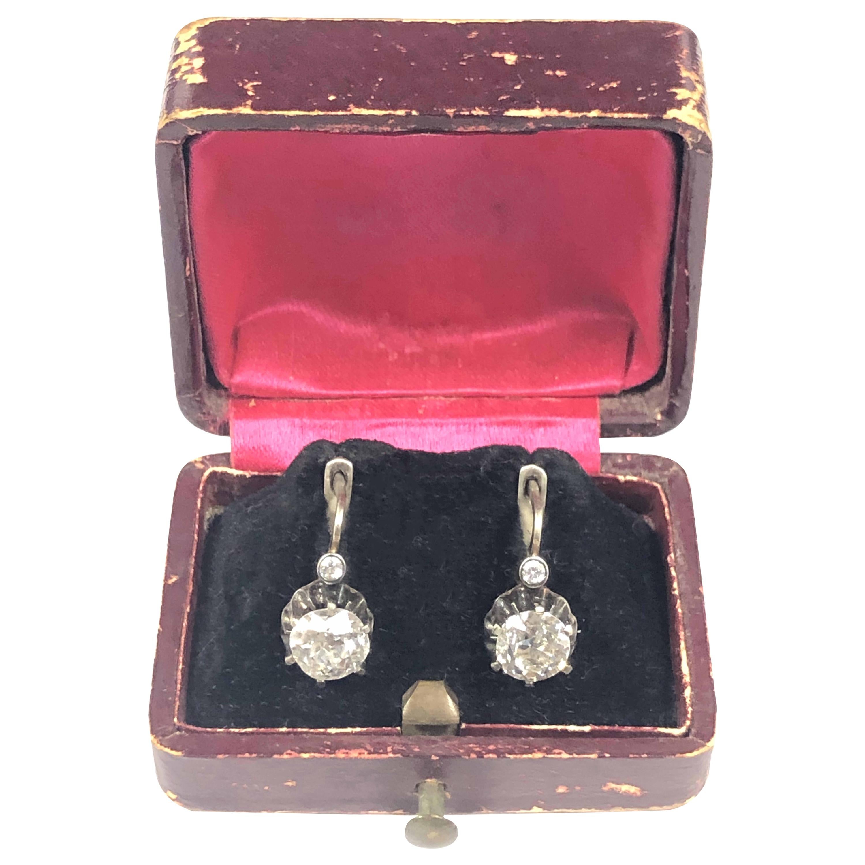 Victorian Silver Set 2.33 Carat Old Mine Cut Diamond Earrings For Sale