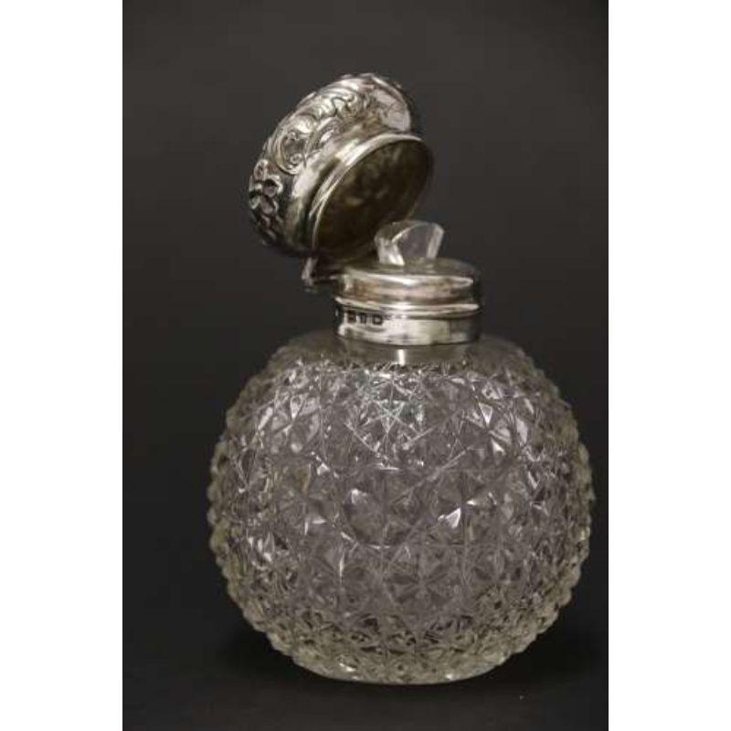 English Victorian silver top and cut glass perfume bottle, Birmingham 1897 - 8 For Sale