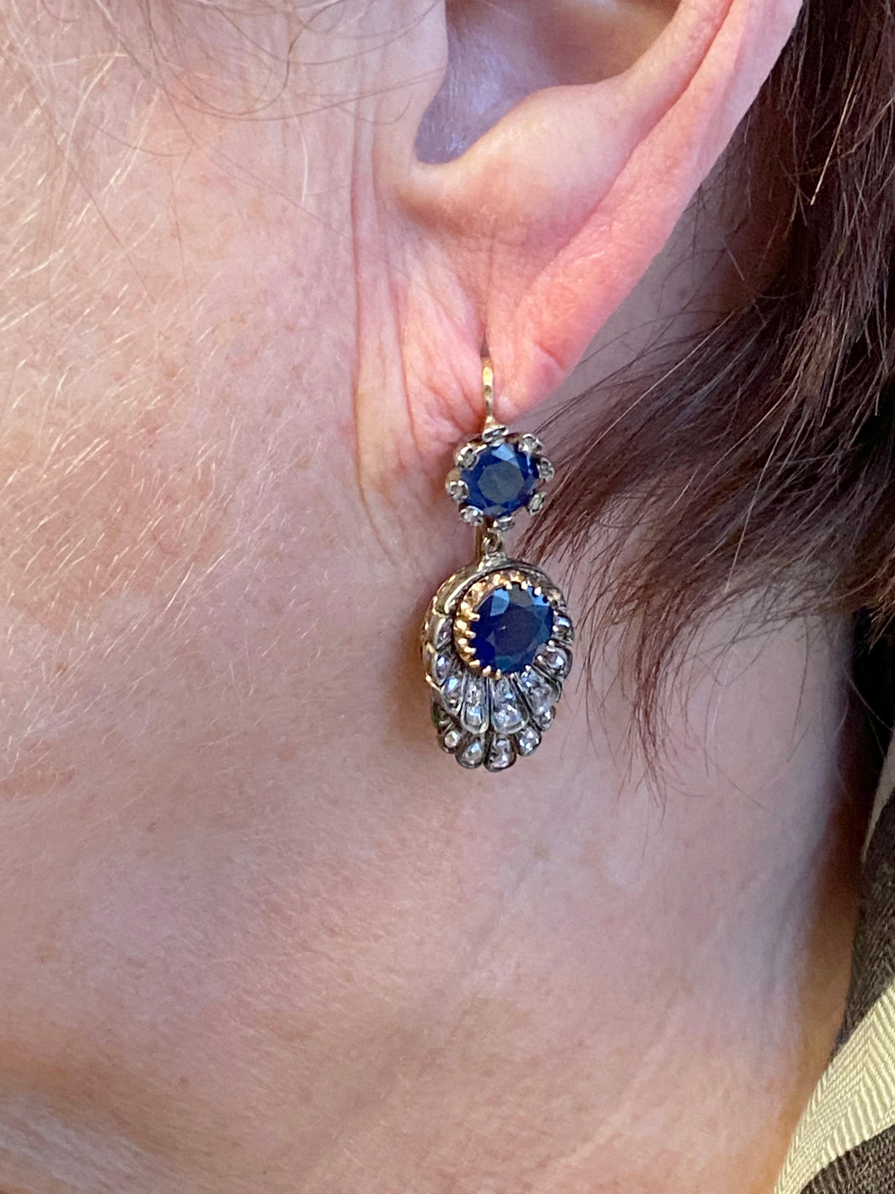 Women's Victorian Silver Top Gold Backed Diamond and Sapphire Dangle Earrings